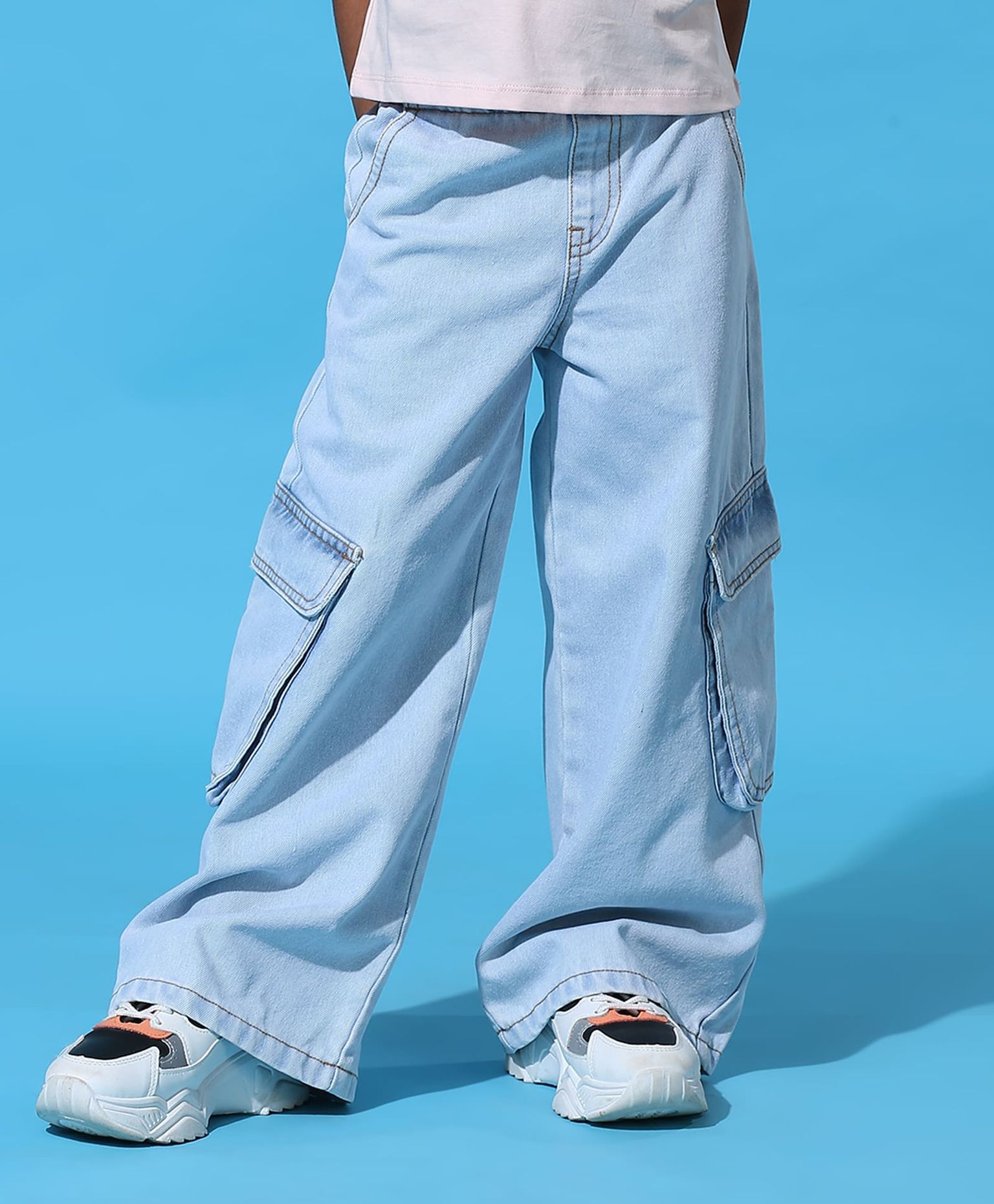 100% Cotton Baggy Light Wash Denim Pants - Blue