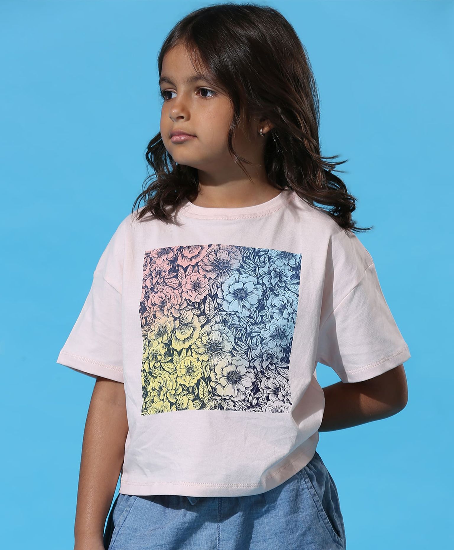 100% Cotton Floral Gradient Drop Shoulder Crop Tee - Pink