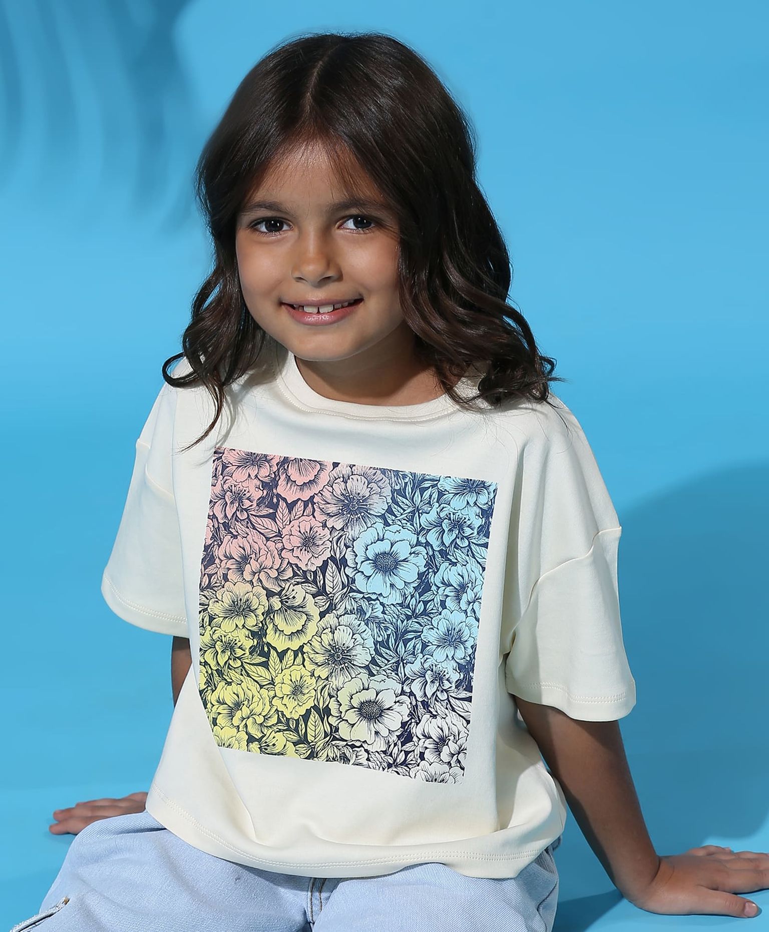 100% Cotton Floral Gradient Drop Shoulder Crop Tee - Ecru
