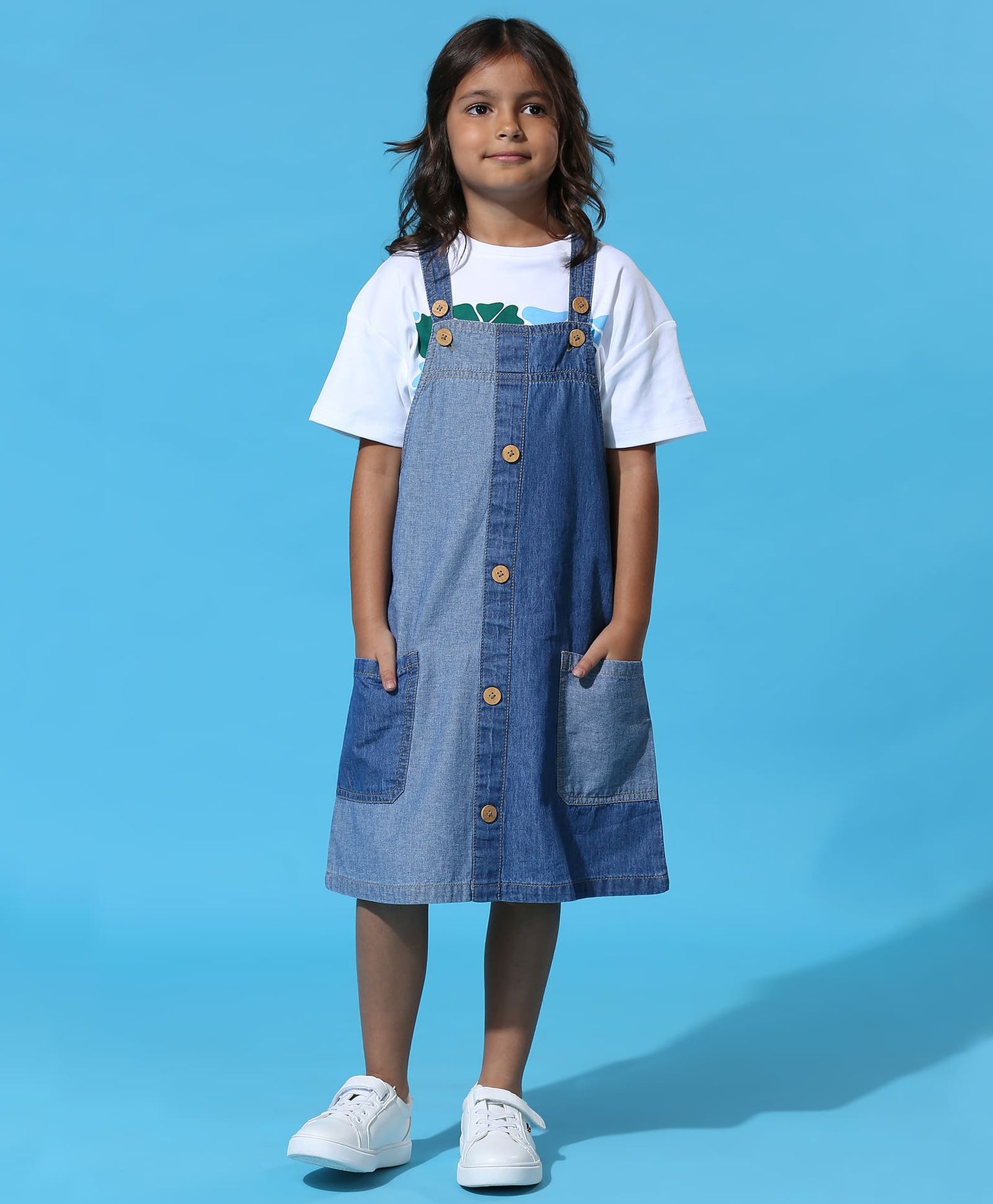 100% Cotton Colored Block Denim Dungaree - Blue