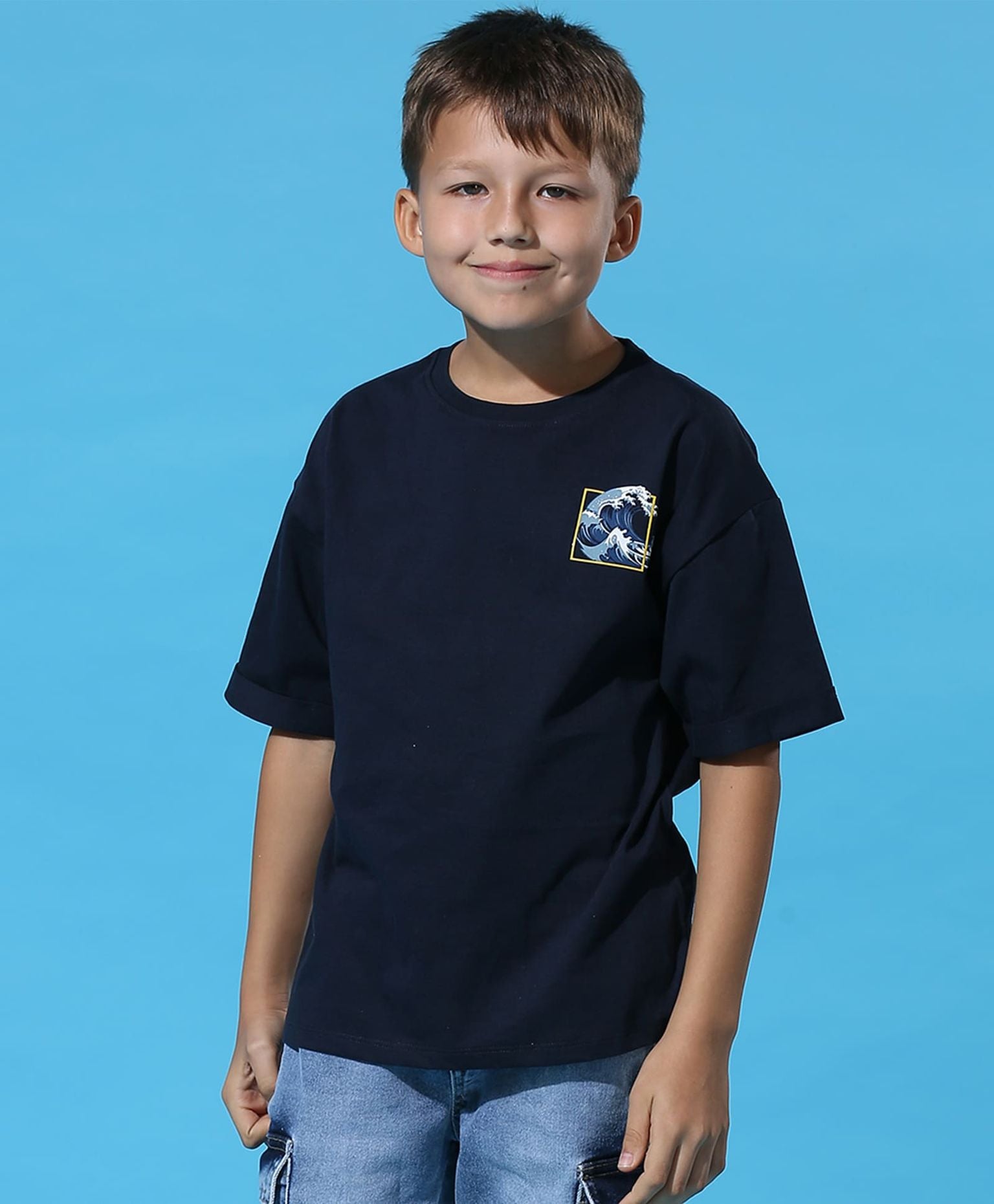 100% Cotton Drop Shoulder Tee With Front N Back Wave Print - Navy