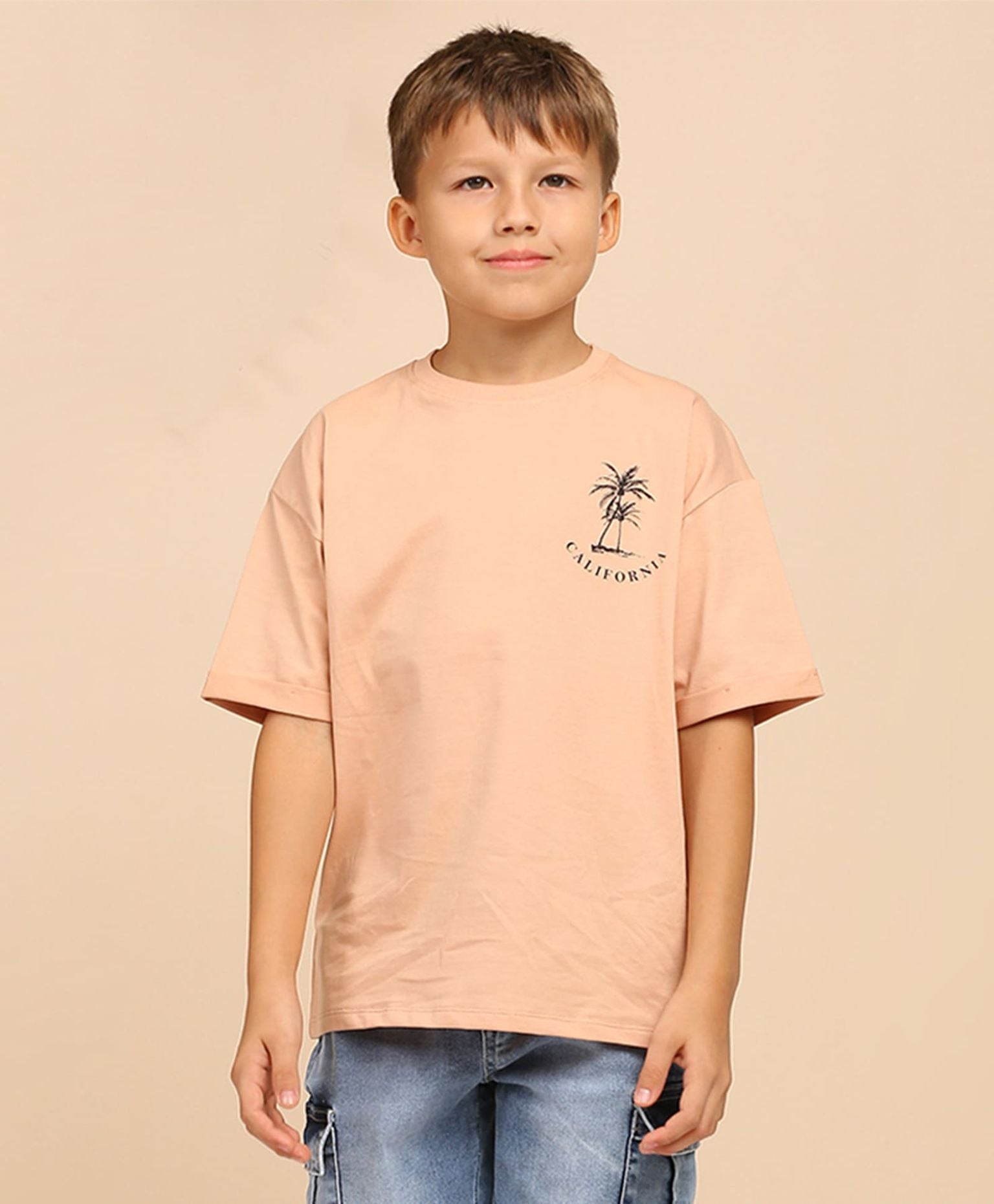 100% Cotton California Print Drop Shoulder Tee - Dark Fawn