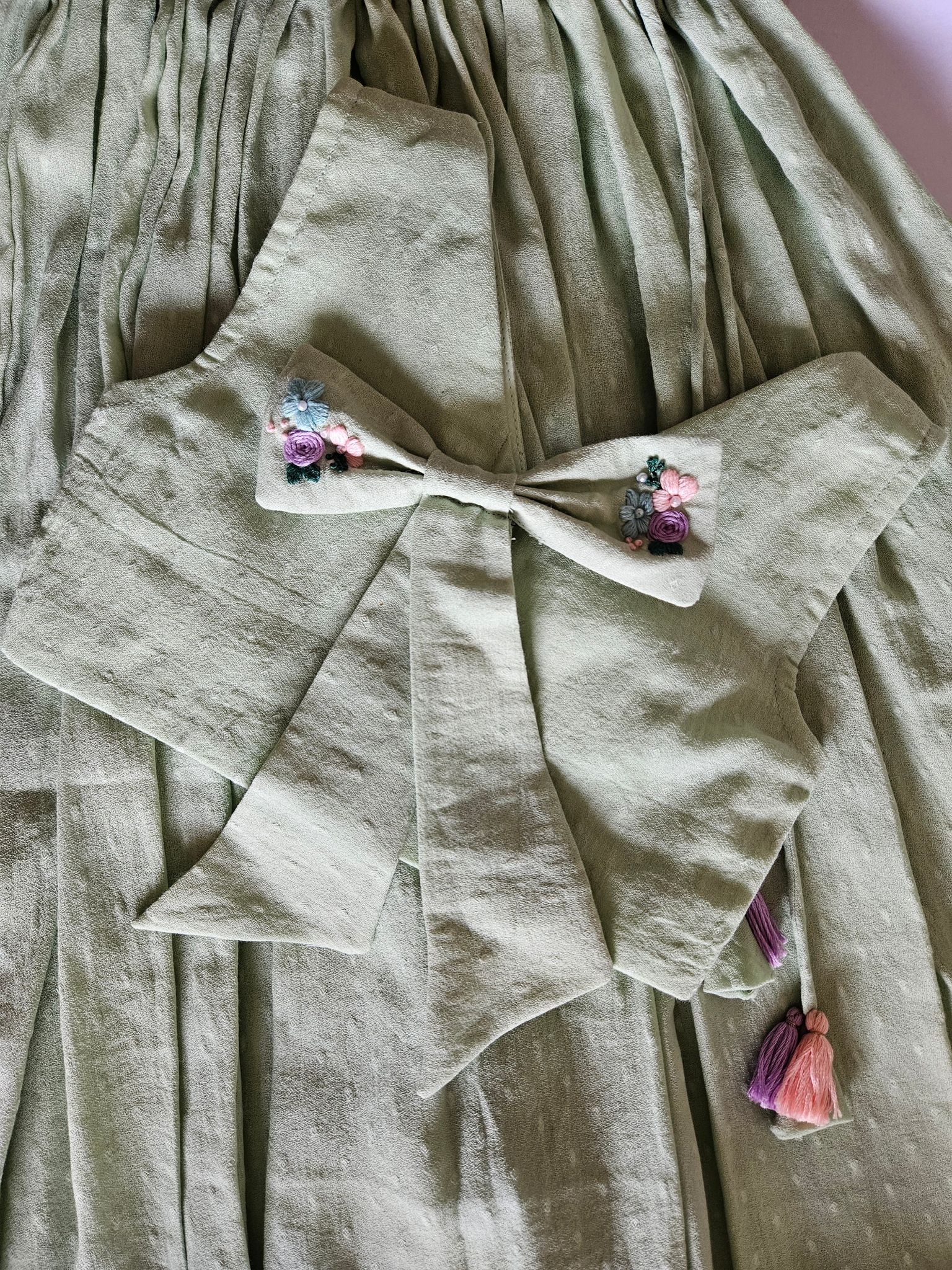 Pistachio Bloom: Hand Embroidered Mint Green Full Length Skirt Top Set In Moss Cotton Fabric