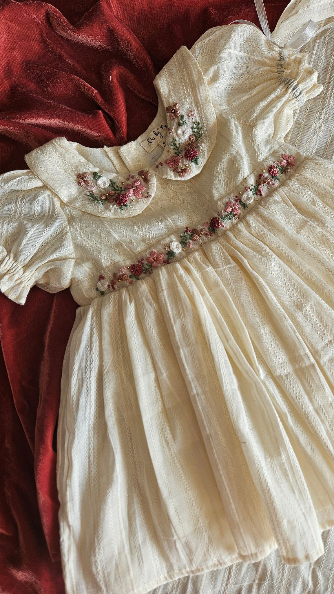 Angel In Heaven: Hand Embroidered Knee Length Off-white Dress In Cotton Jacquard Fabric