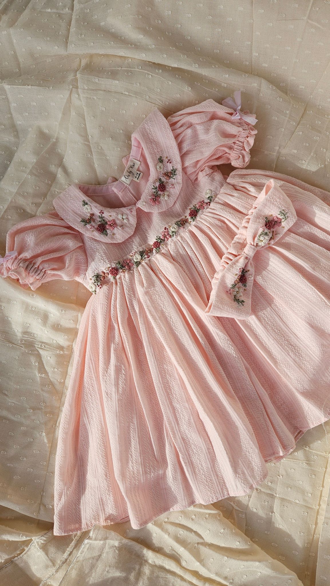 Peachy Peep: Hand Embroidered Knee Length Off-peach Dress In Cotton Jacquard Fabric With Headband