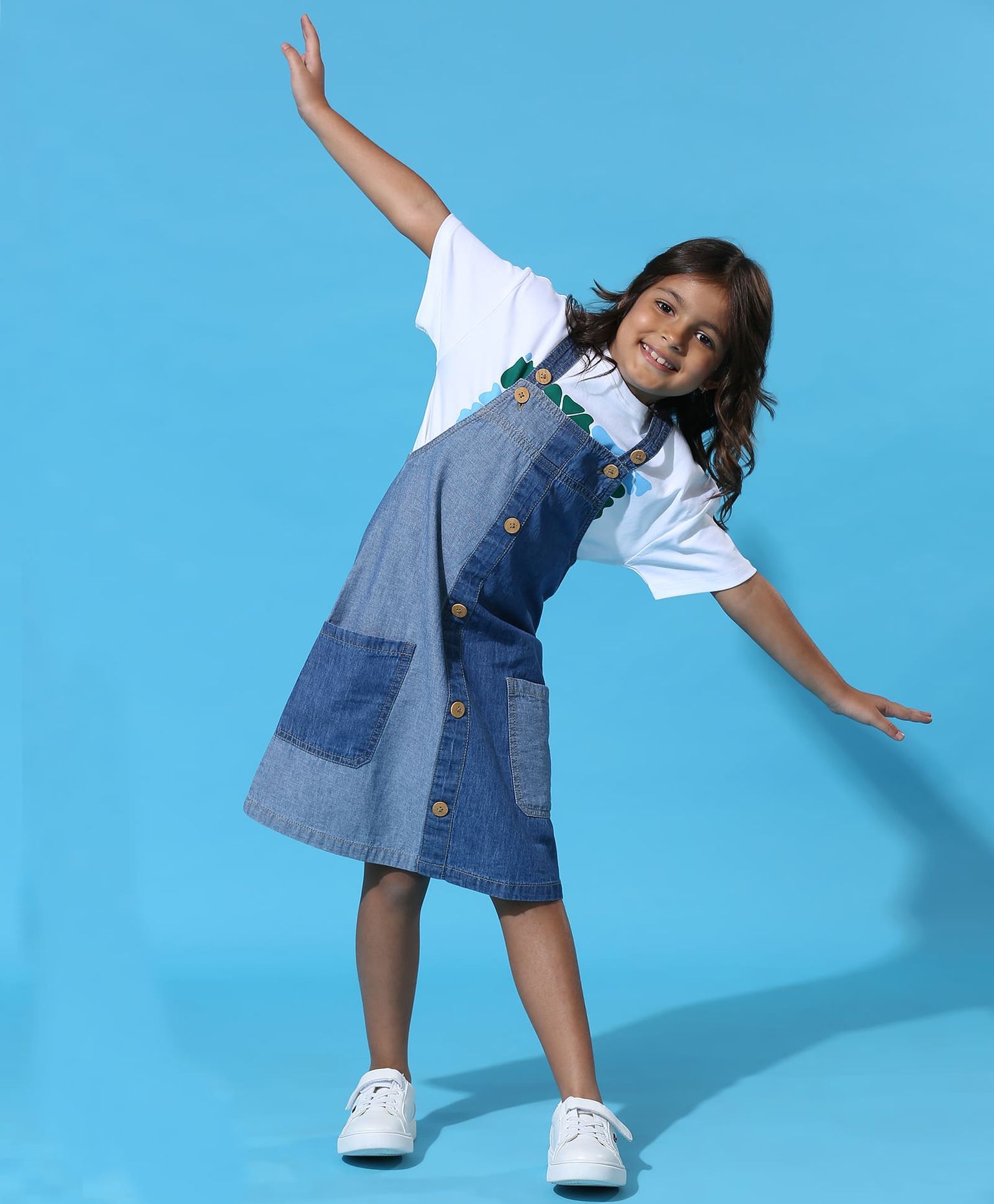 100% Cotton Colored Block Denim Dungaree - Blue