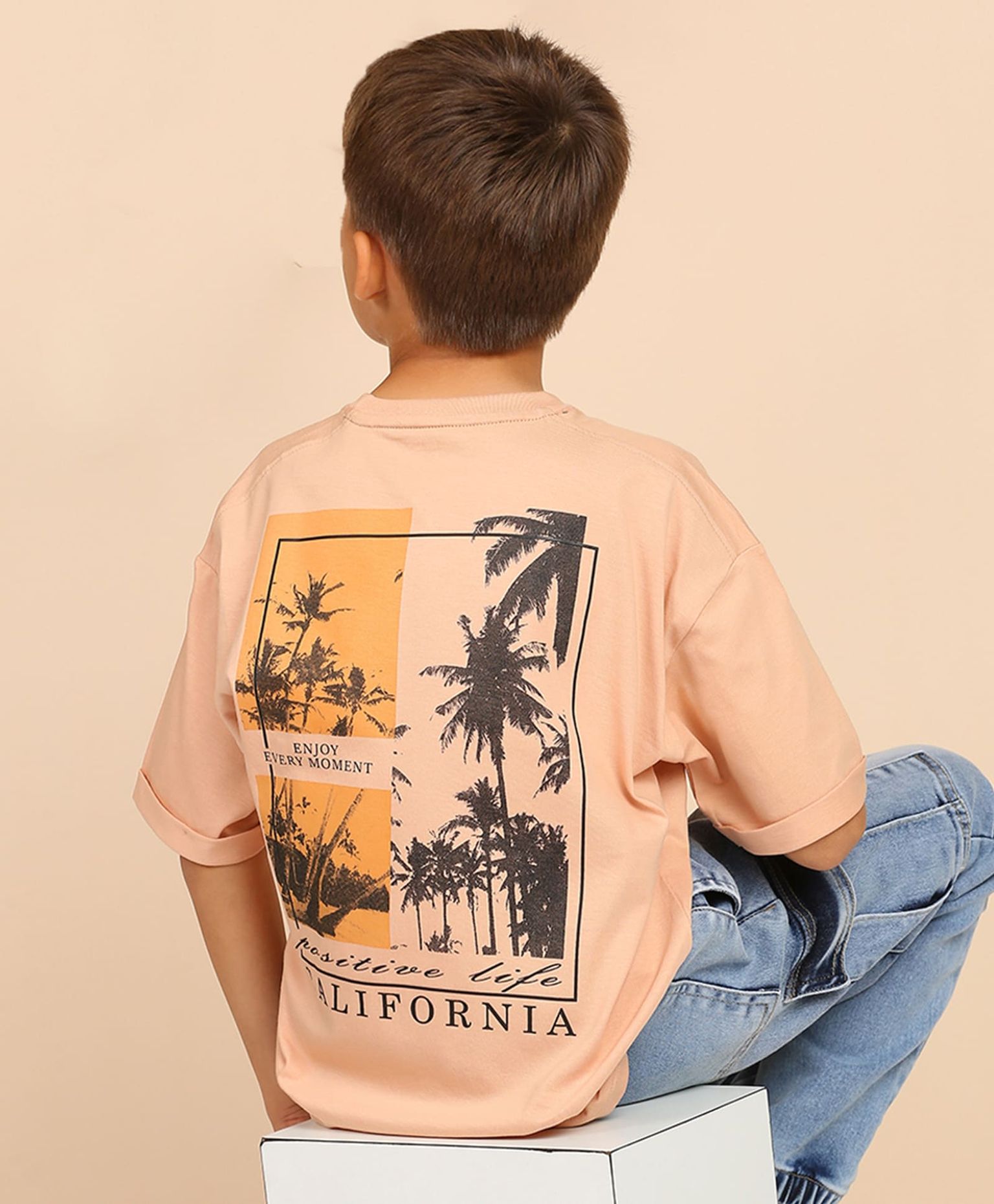 100% Cotton California Print Drop Shoulder Tee - Dark Fawn