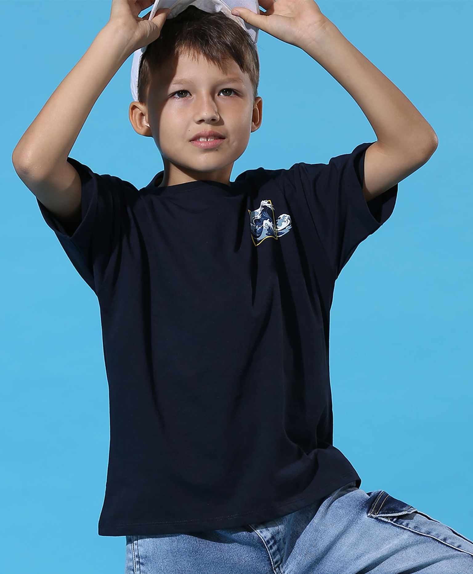 100% Cotton Drop Shoulder Tee With Front N Back Wave Print - Navy