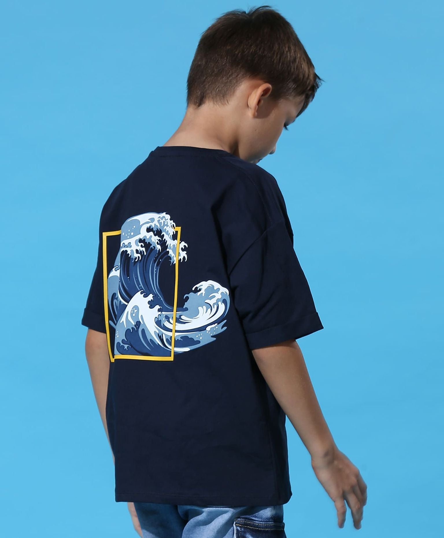 100% Cotton Drop Shoulder Tee With Front N Back Wave Print - Navy