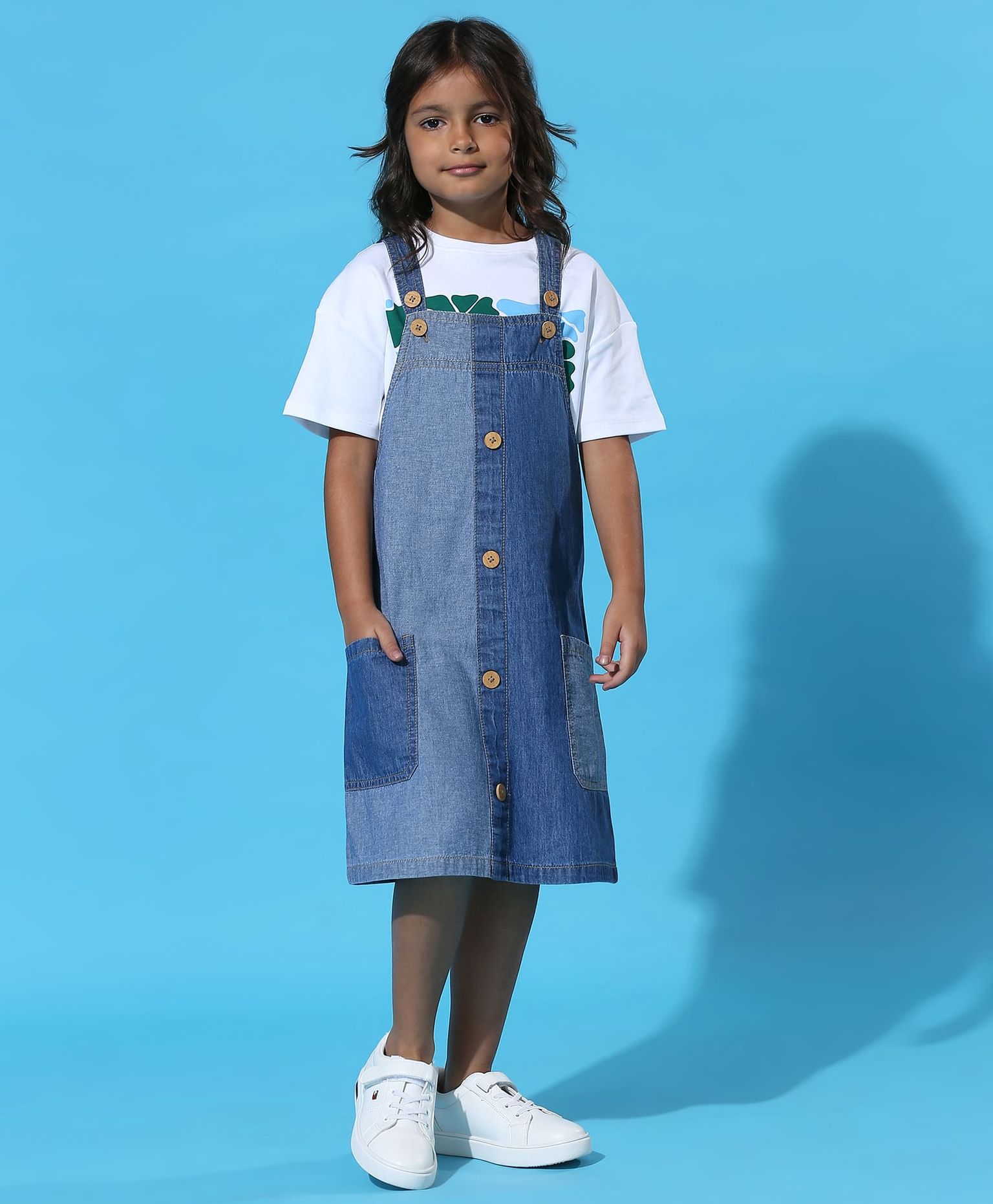 100% Cotton Colored Block Denim Dungaree - Blue