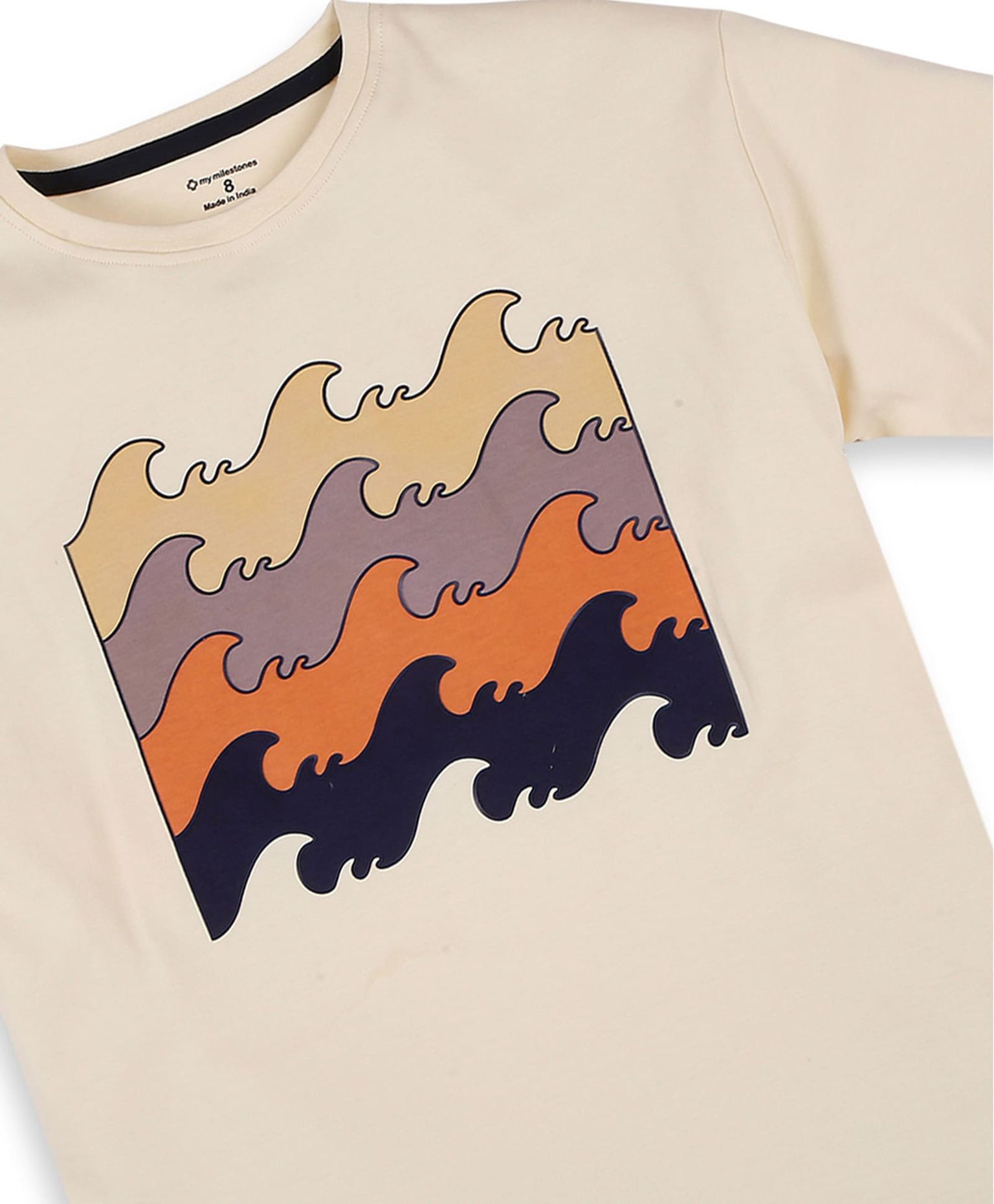 100% Cotton Drop Shoulder Tee With Wave Color Block Print - Ecru