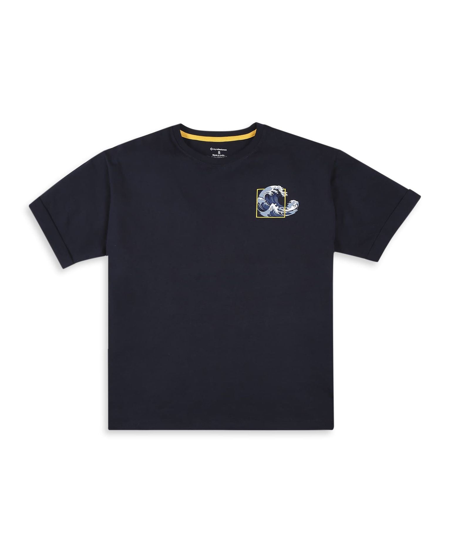 100% Cotton Drop Shoulder Tee With Front N Back Wave Print - Navy