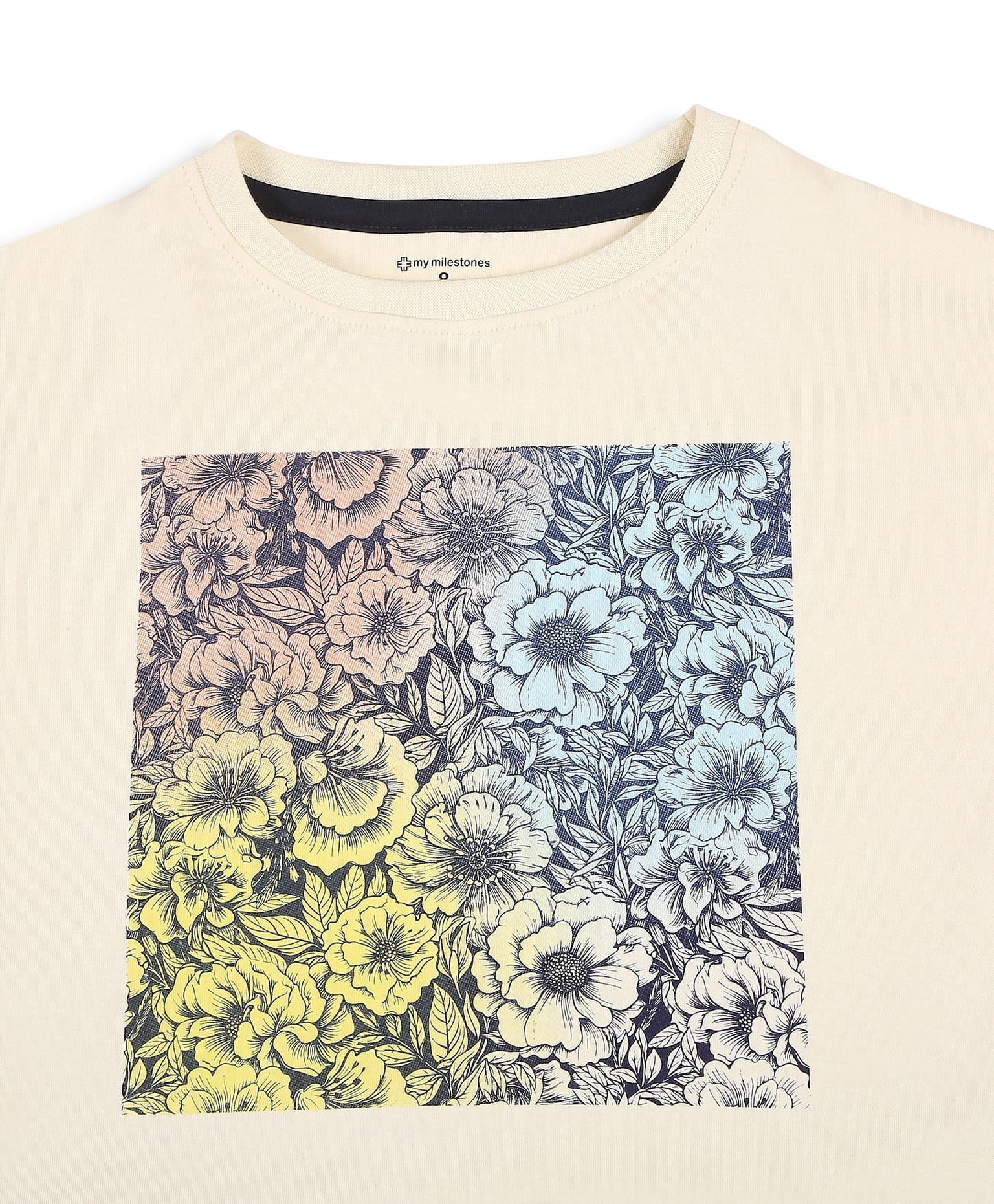 100% Cotton Floral Gradient Drop Shoulder Crop Tee - Ecru