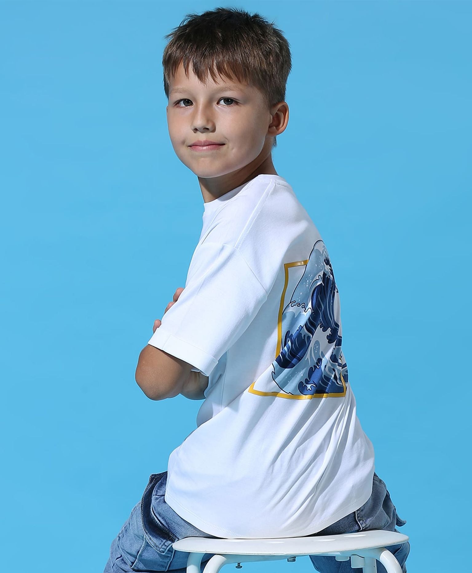 100% Cotton Drop Shoulder Tee With Front N Back Wave Print - White