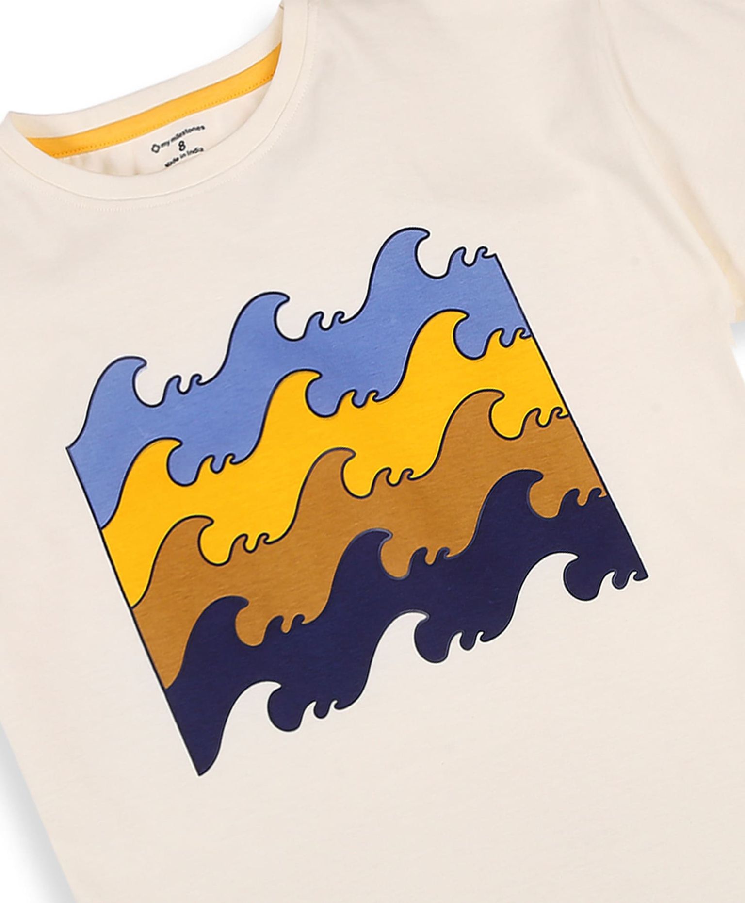 100% Cotton Drop Shoulder Tee With Wave Color Block Print - Off White