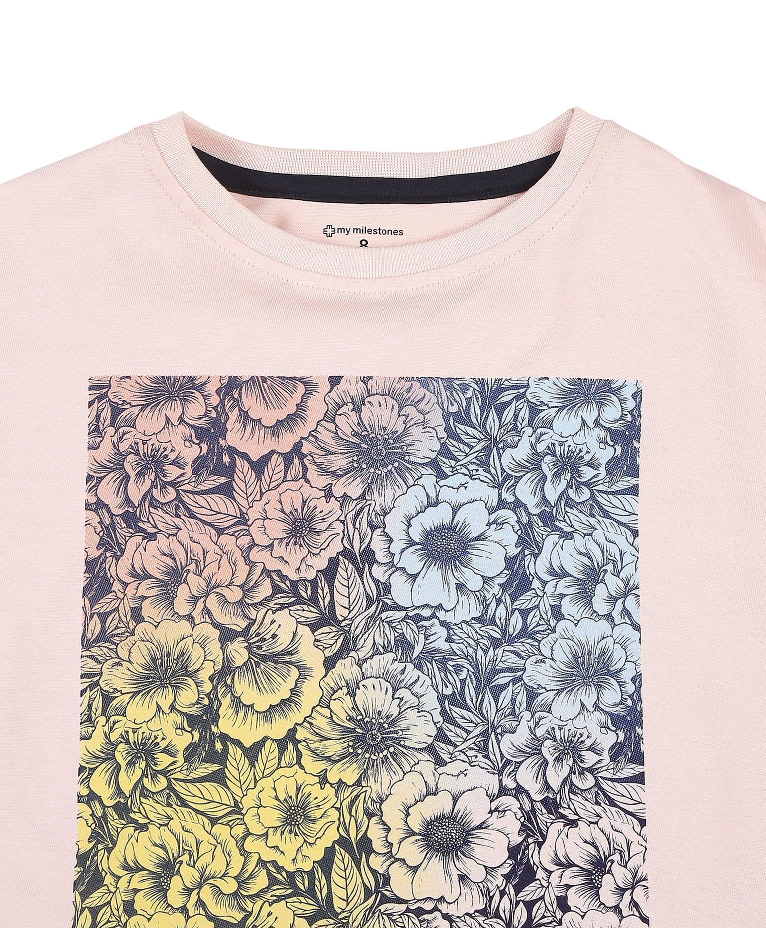 100% Cotton Floral Gradient Drop Shoulder Crop Tee - Pink