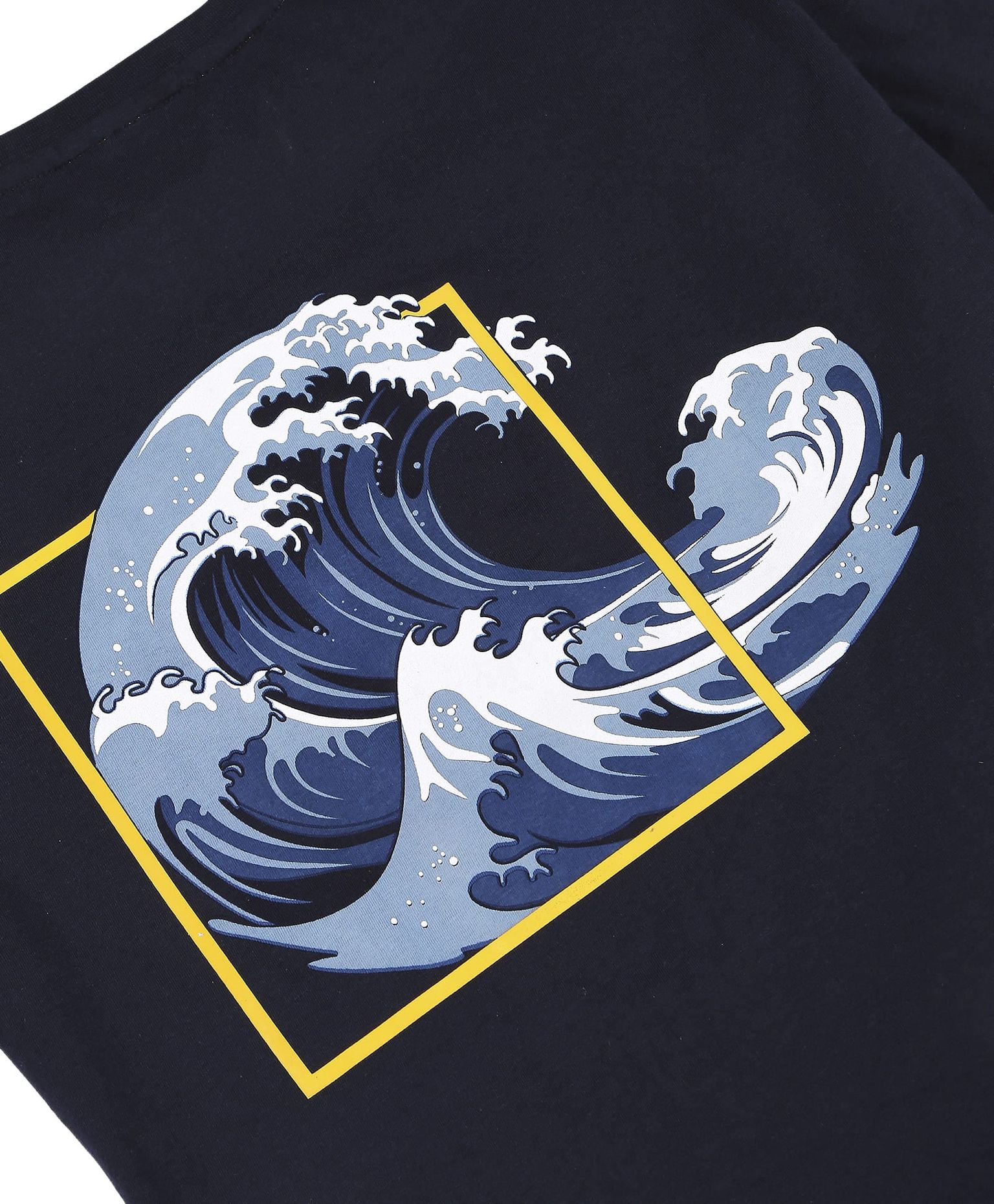 100% Cotton Drop Shoulder Tee With Front N Back Wave Print - Navy