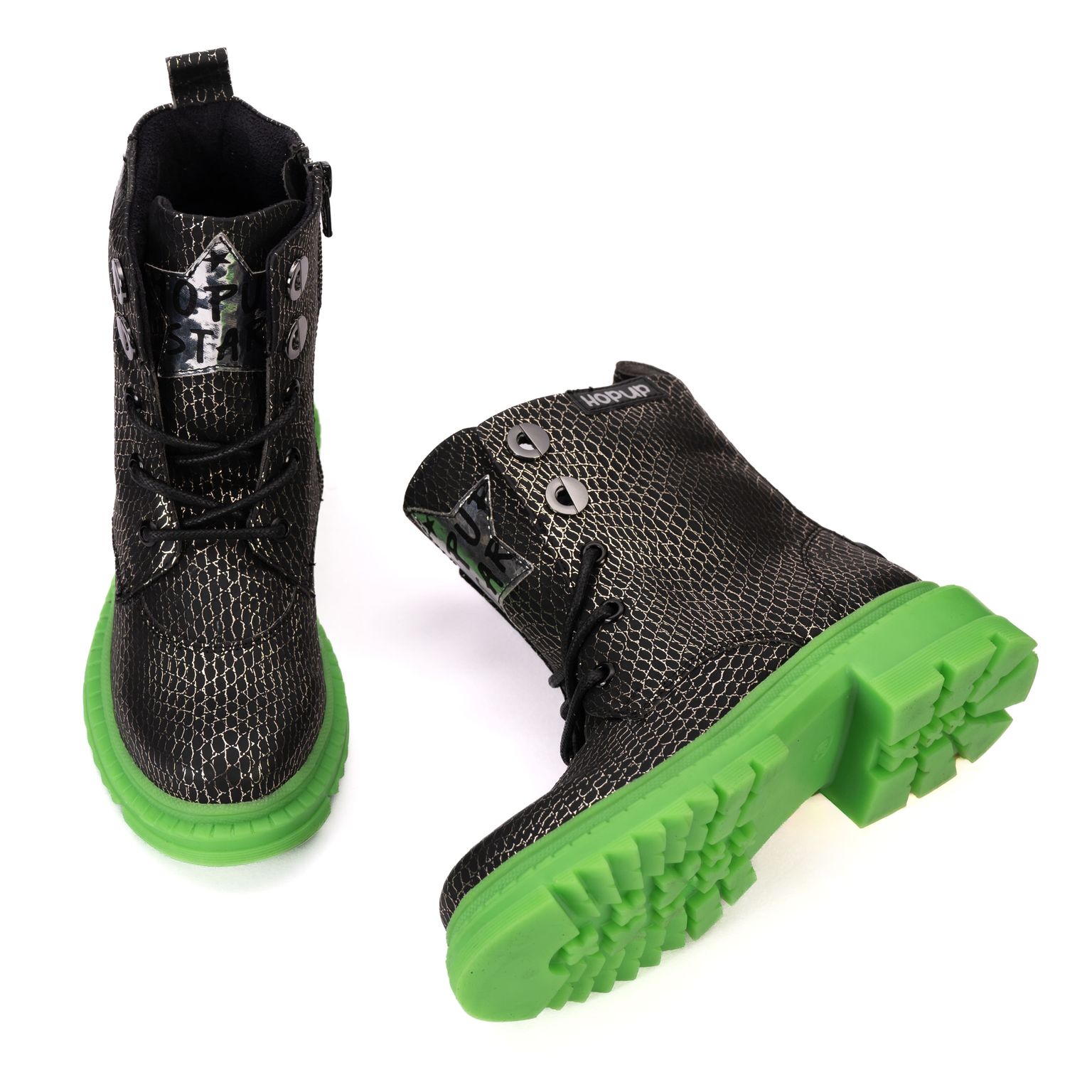 Rock Star Snake-Textured Boots | Black-Silver Boots with Green Sole | Eco-Friendly & Anti-Skid Party Boots for Kids