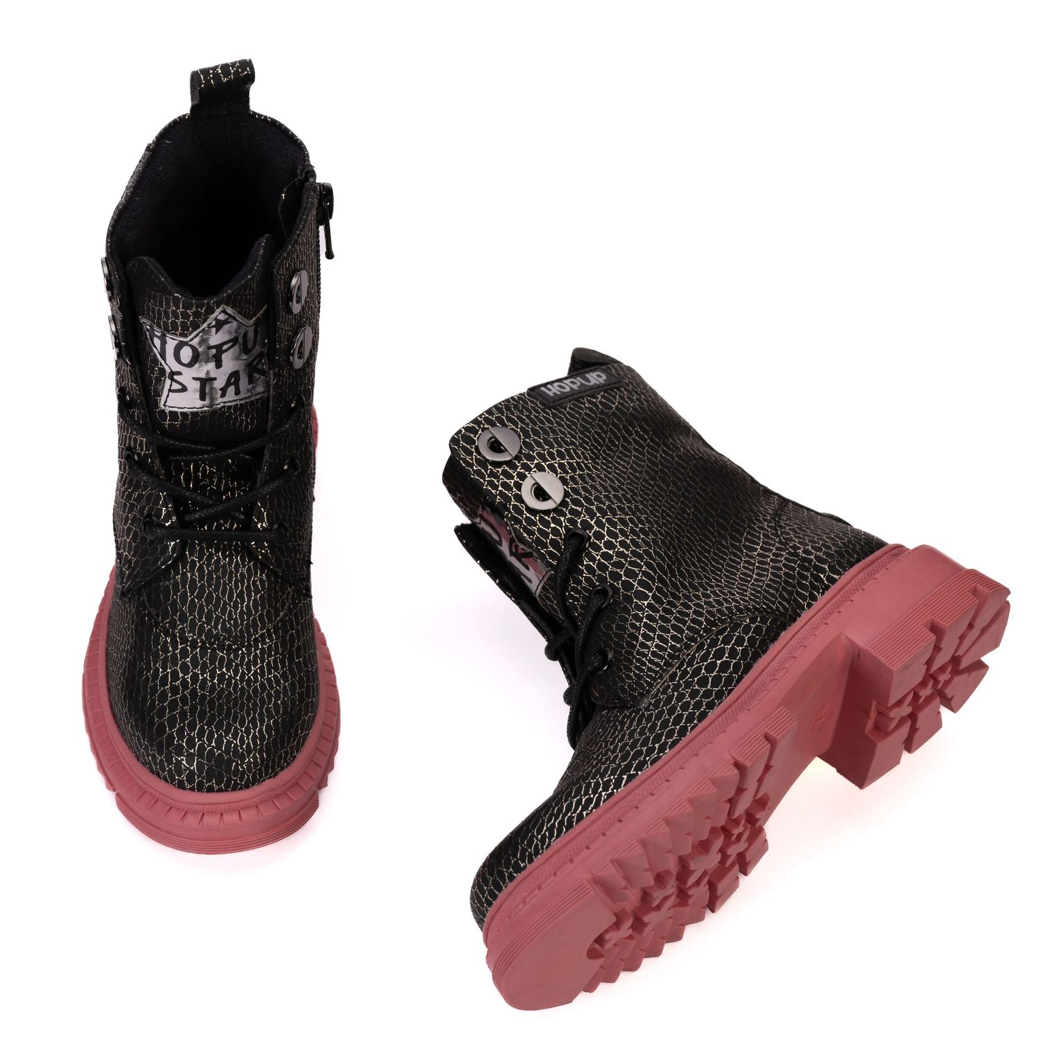 Rock Star Black Silver Grid Boots | Zip Boots with Pink Sole | Eco-Friendly & Anti-Skid Party Footwear for Kids