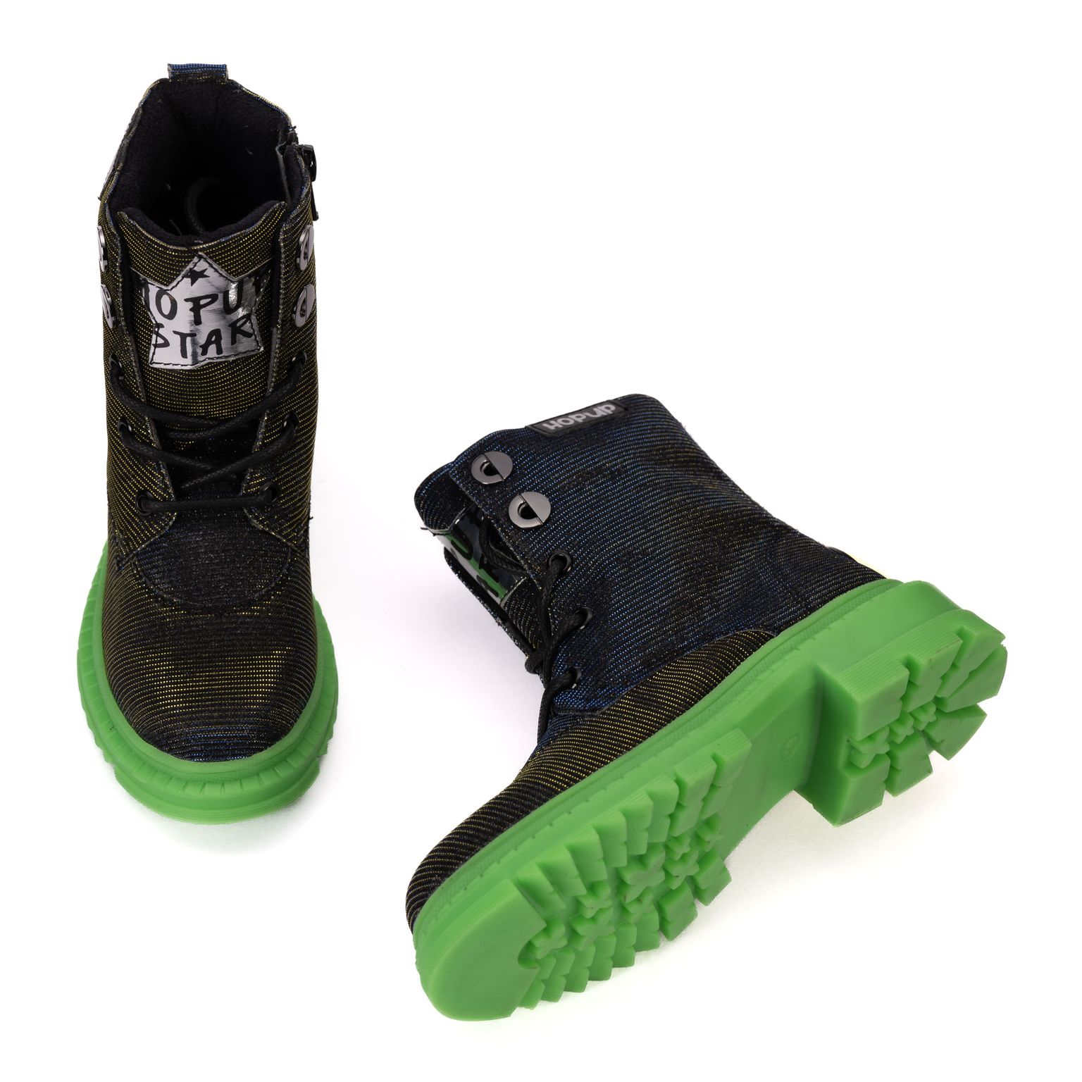 Rock Star Laser Glitter Boots | Black-Silver Hi-Top Boots with Green Sole | Eco-Friendly & Anti-Skid Party Boots for Kids