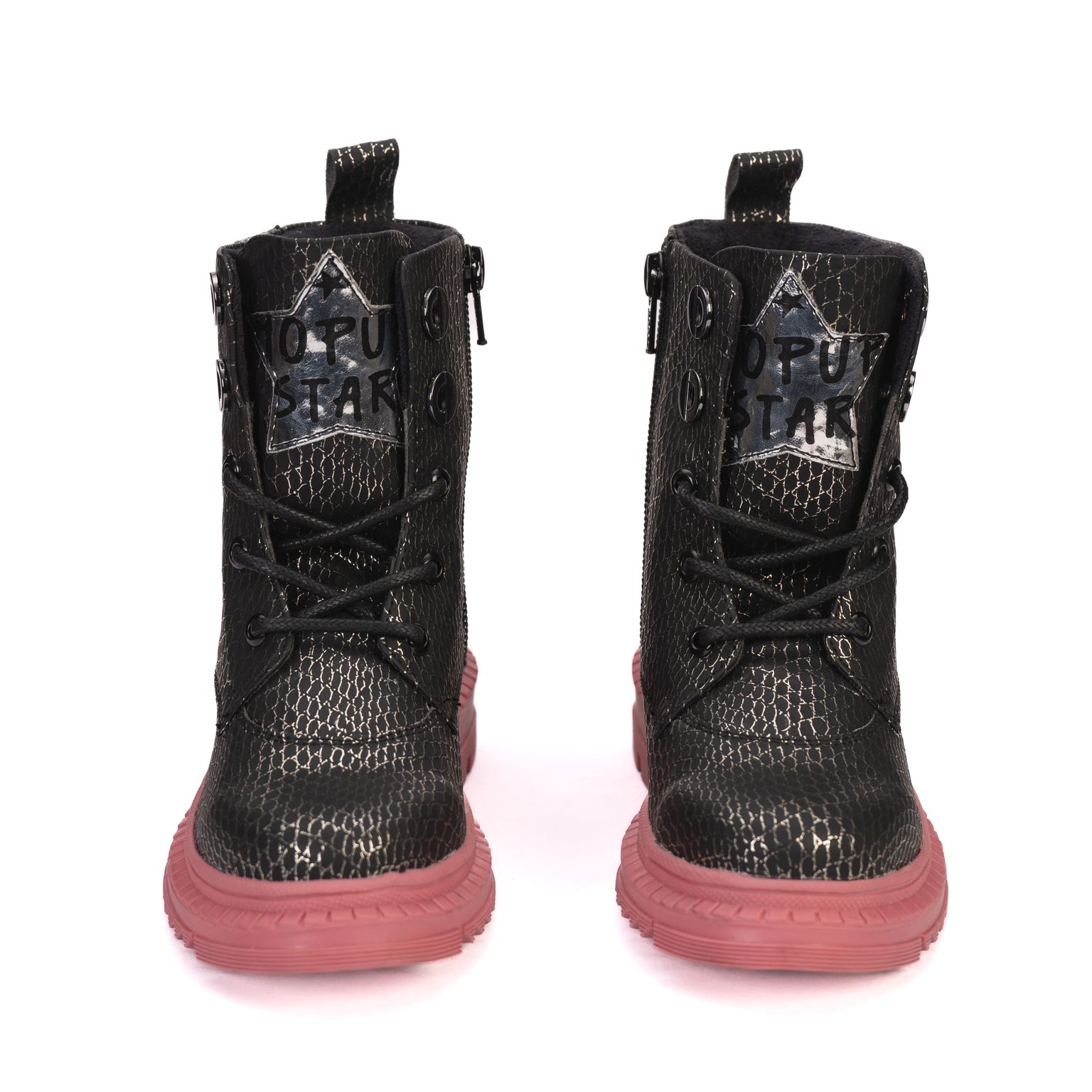 Rock Star Black Silver Grid Boots | Zip Boots with Pink Sole | Eco-Friendly & Anti-Skid Party Footwear for Kids