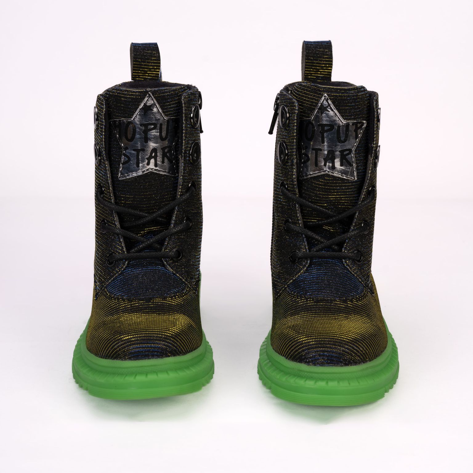 Rock Star Laser Glitter Boots | Black-Silver Hi-Top Boots with Green Sole | Eco-Friendly & Anti-Skid Party Boots for Kids