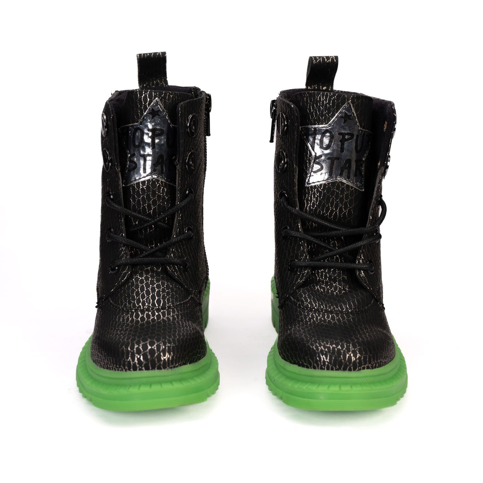 Rock Star Snake-Textured Boots | Black-Silver Boots with Green Sole | Eco-Friendly & Anti-Skid Party Boots for Kids