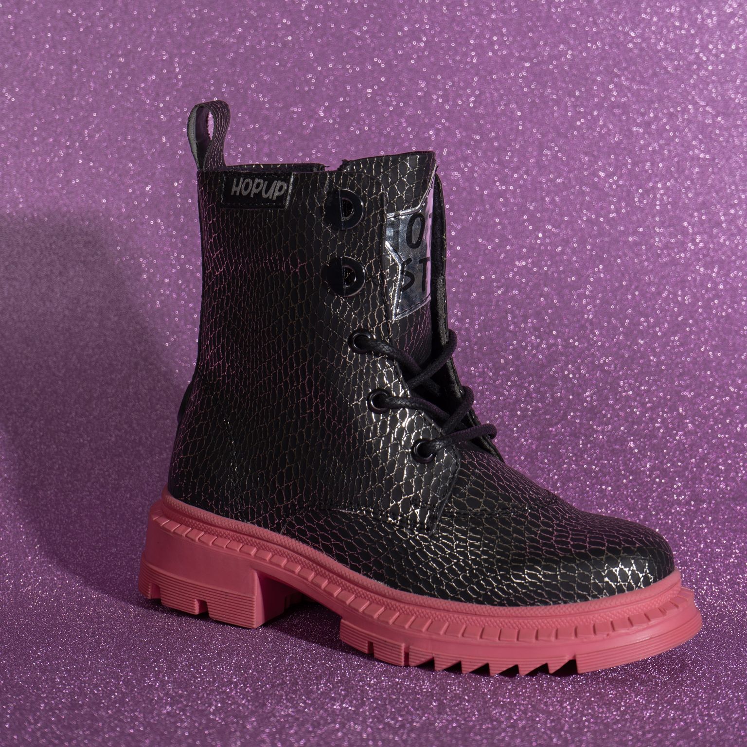 Rock Star Black Silver Grid Boots | Zip Boots with Pink Sole | Eco-Friendly & Anti-Skid Party Footwear for Kids