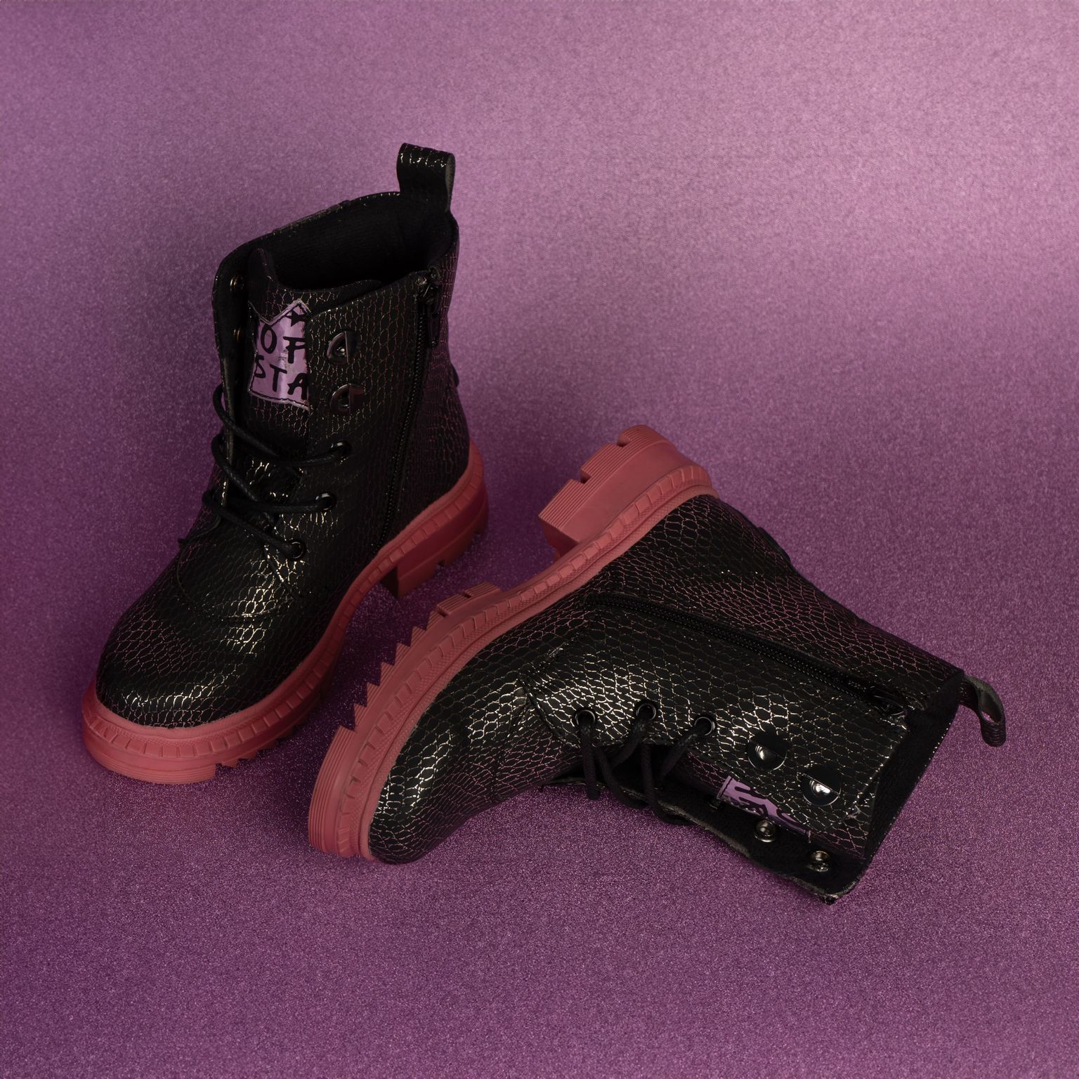 Rock Star Black Silver Grid Boots | Zip Boots with Pink Sole | Eco-Friendly & Anti-Skid Party Footwear for Kids