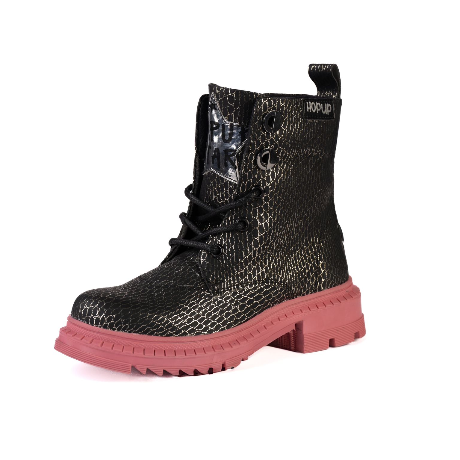 Rock Star Black Silver Grid Boots | Zip Boots with Pink Sole | Eco-Friendly & Anti-Skid Party Footwear for Kids
