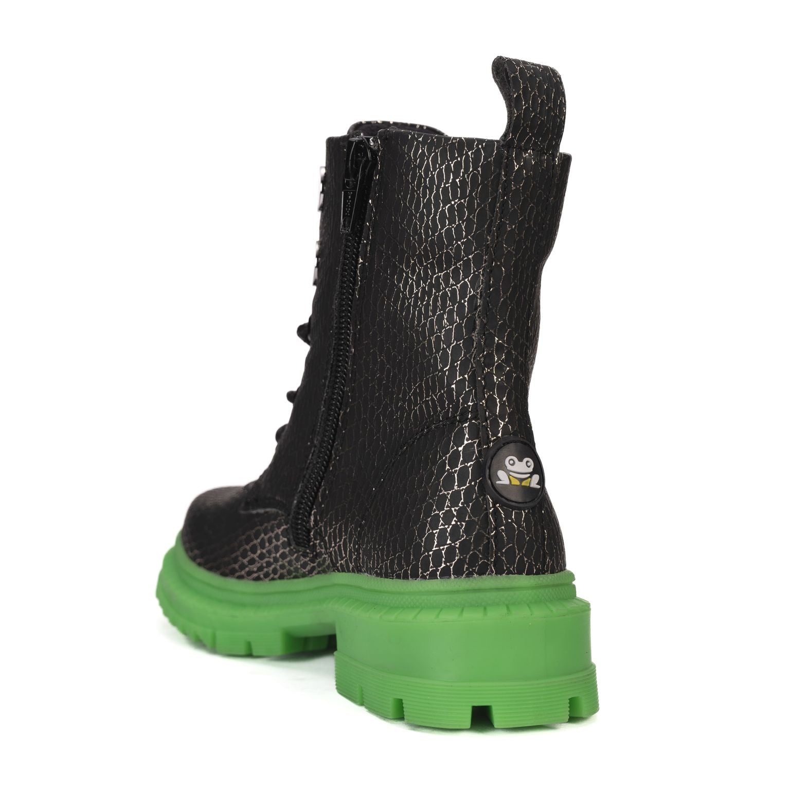 Rock Star Snake-Textured Boots | Black-Silver Boots with Green Sole | Eco-Friendly & Anti-Skid Party Boots for Kids