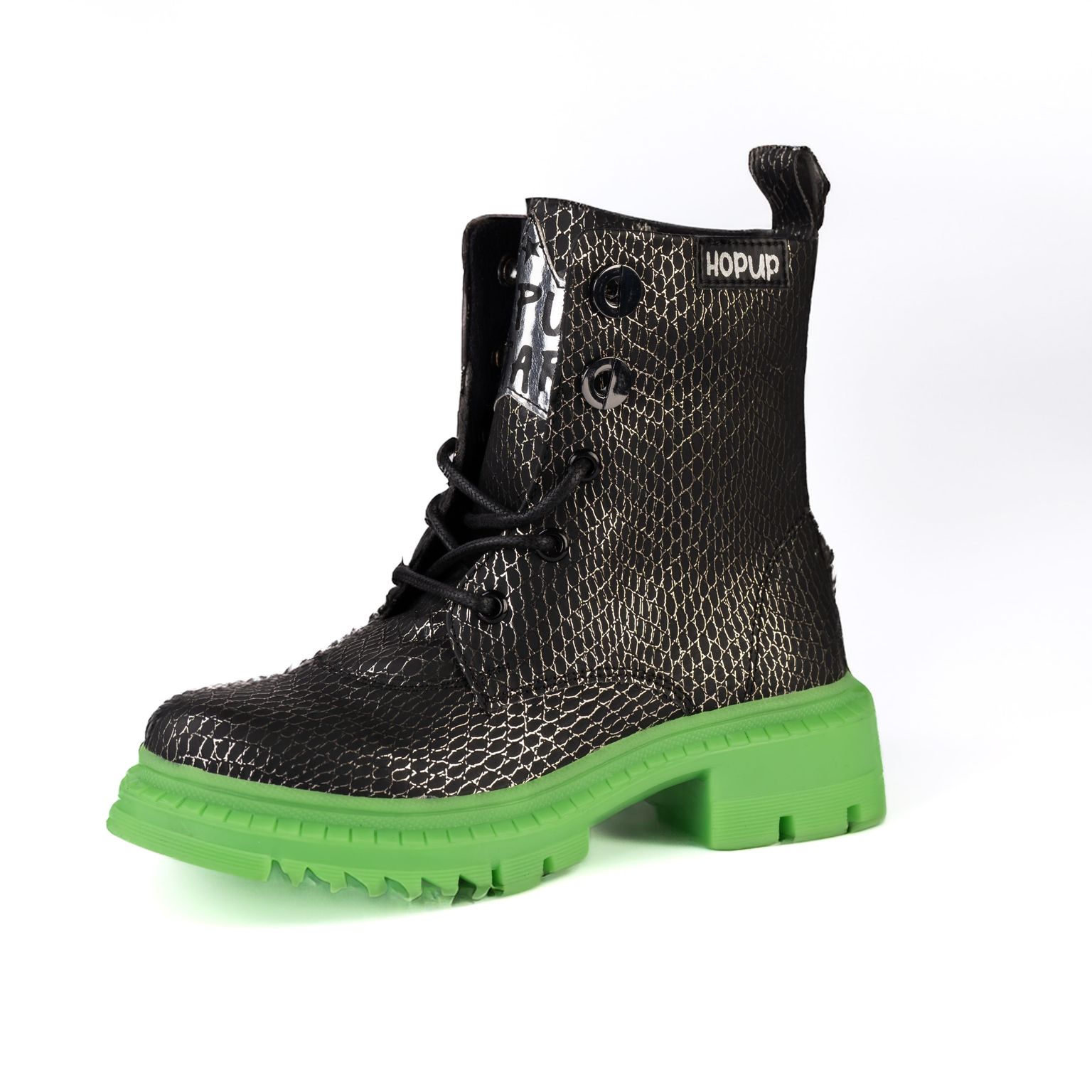 Rock Star Snake-Textured Boots | Black-Silver Boots with Green Sole | Eco-Friendly & Anti-Skid Party Boots for Kids