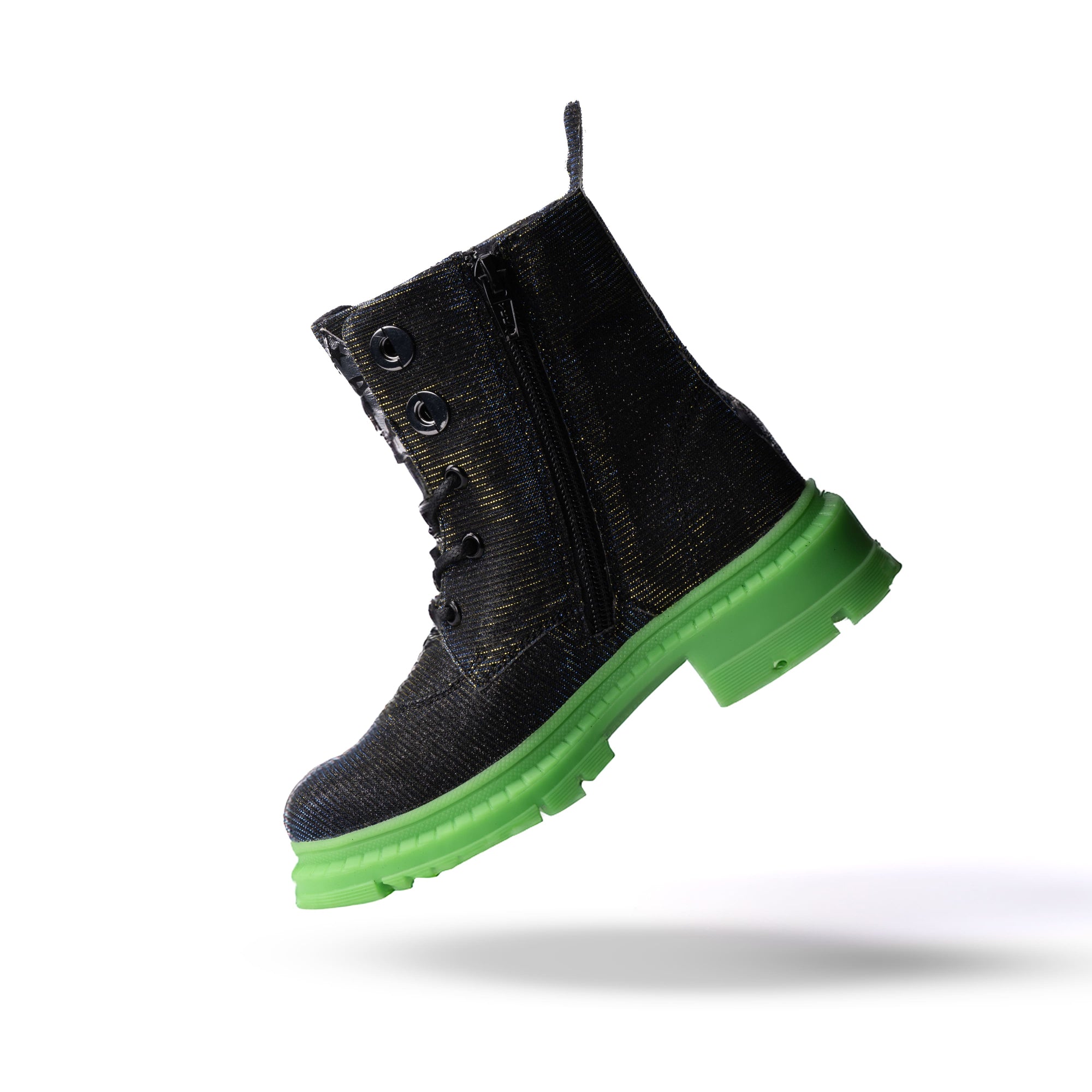 Rock Star Laser Glitter Boots | Black-Silver Hi-Top Boots with Green Sole | Eco-Friendly & Anti-Skid Party Boots for Kids