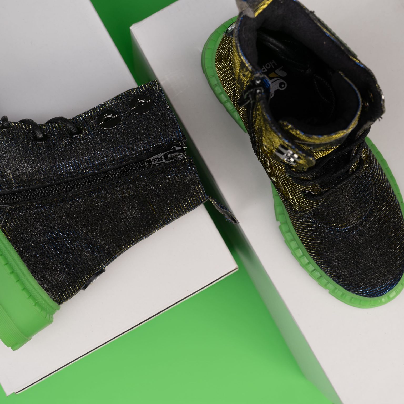 Rock Star Laser Glitter Boots | Black-Silver Hi-Top Boots with Green Sole | Eco-Friendly & Anti-Skid Party Boots for Kids