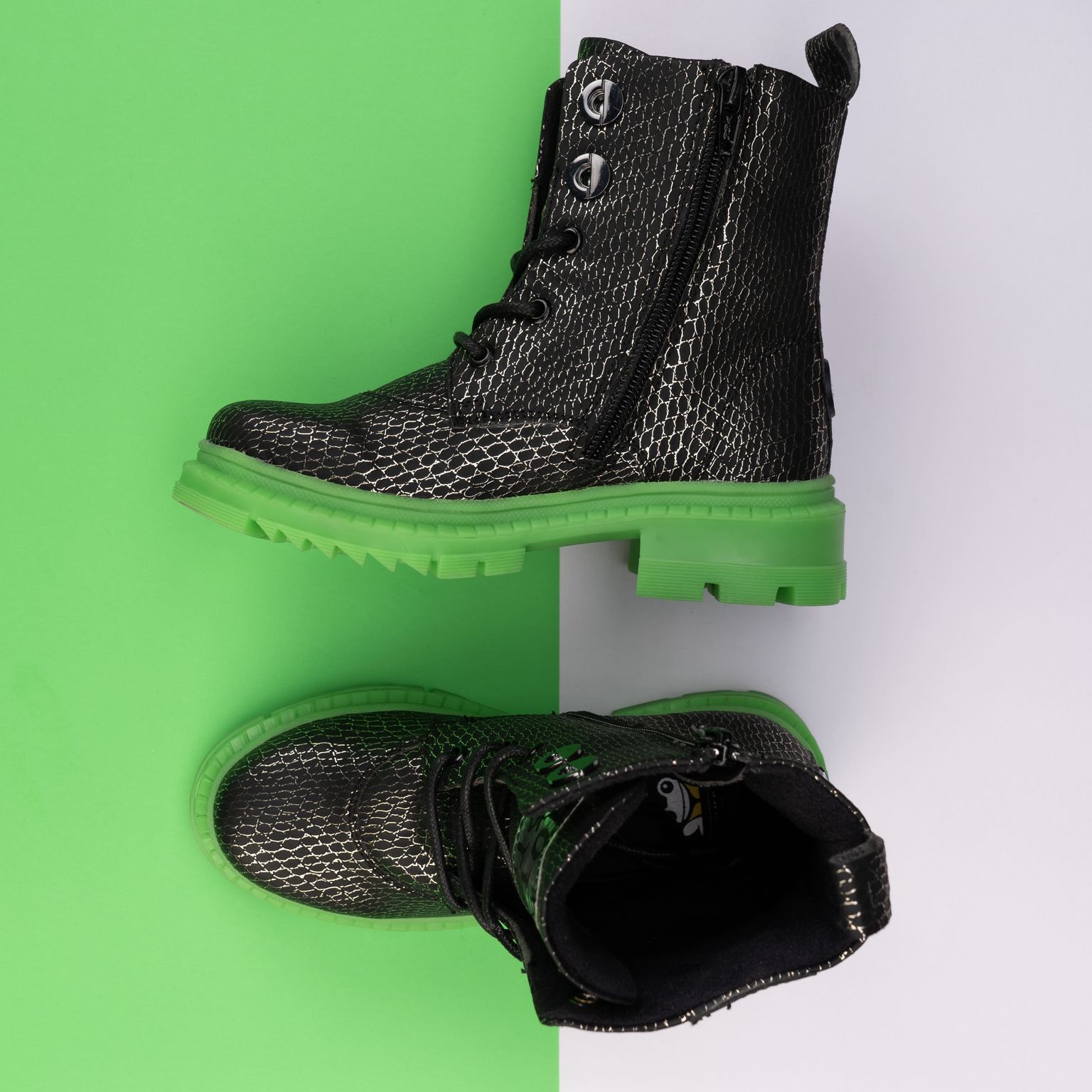 Rock Star Snake-Textured Boots | Black-Silver Boots with Green Sole | Eco-Friendly & Anti-Skid Party Boots for Kids