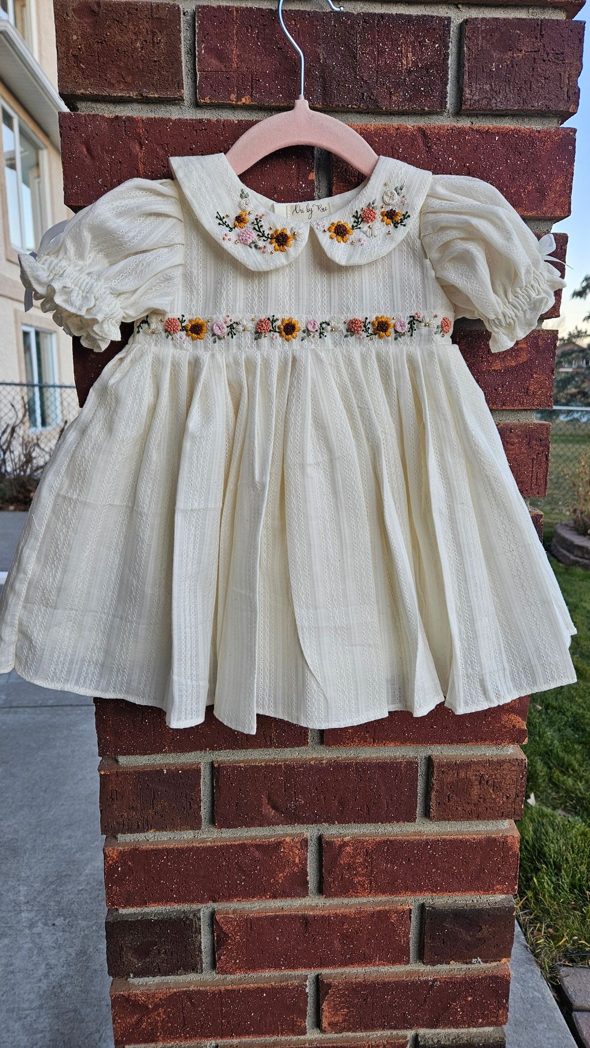 Sunflower Valley: Hand Embroidered Knee Length Off-white Dress In Cotton Jacquard Fabric