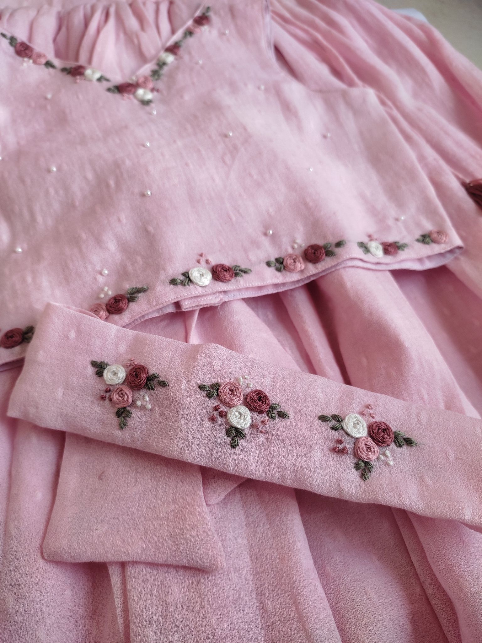Gulabi Noor: Hand Embroidered Baby Pink Full Length Skirt Top Set In Moss Cotton Fabric With Headband