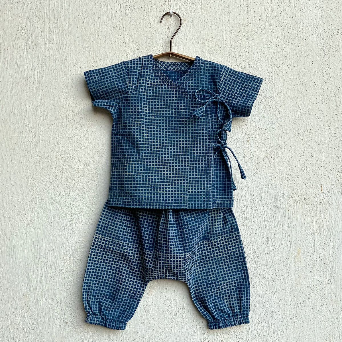 Unisex Organic Indigo Check Angarakha  + Matching Pants