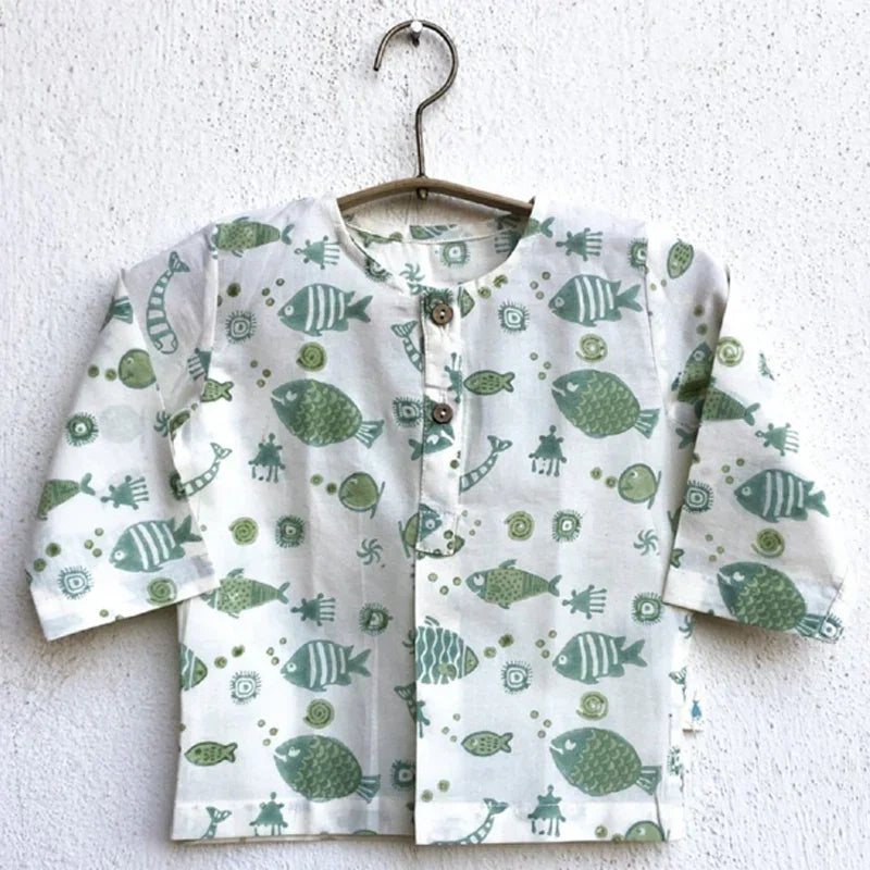 Unisex Organic Fish Print Kurta + Mints Pants