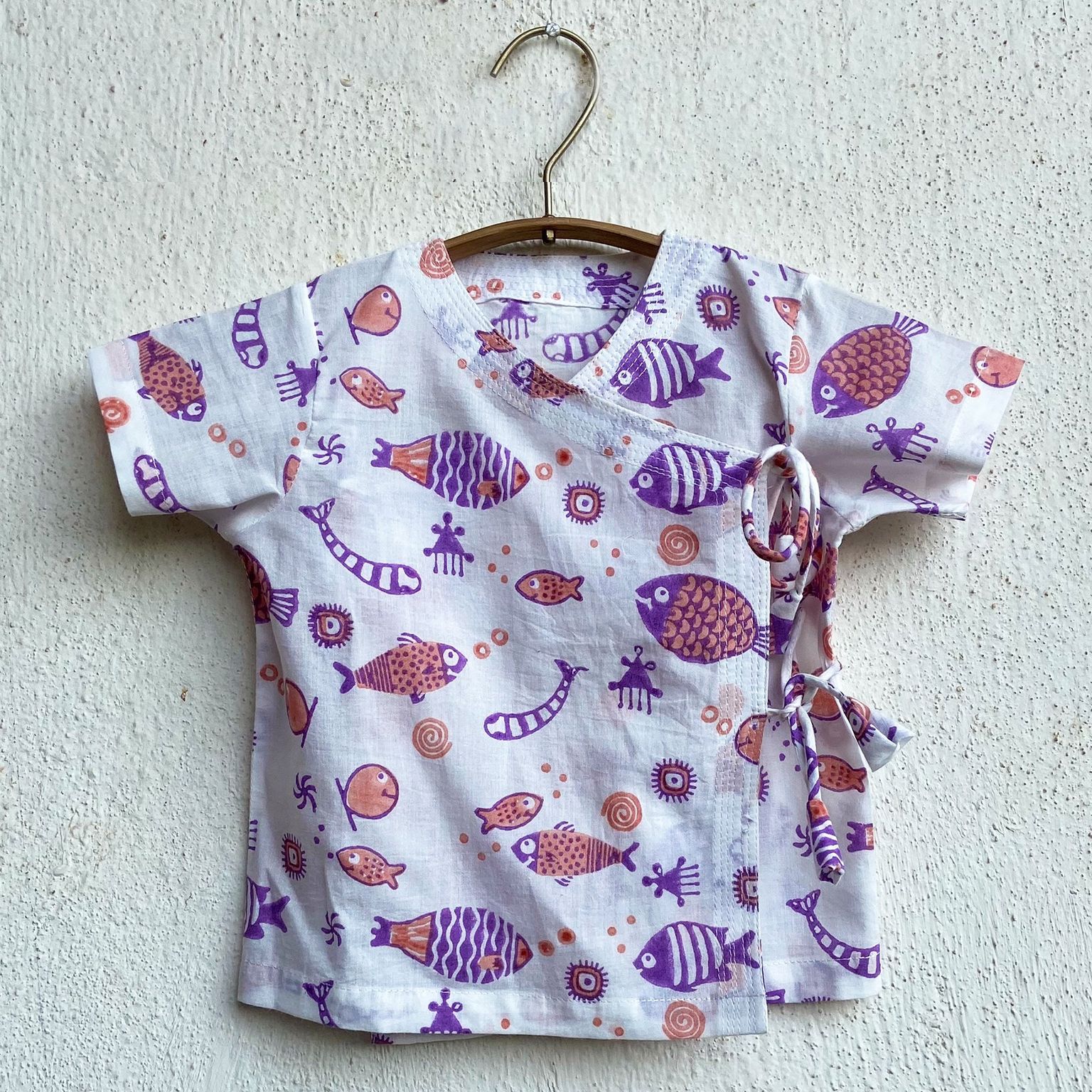 Unisex Organic Koi Peach Print  Angrakha Top With Peach Pants