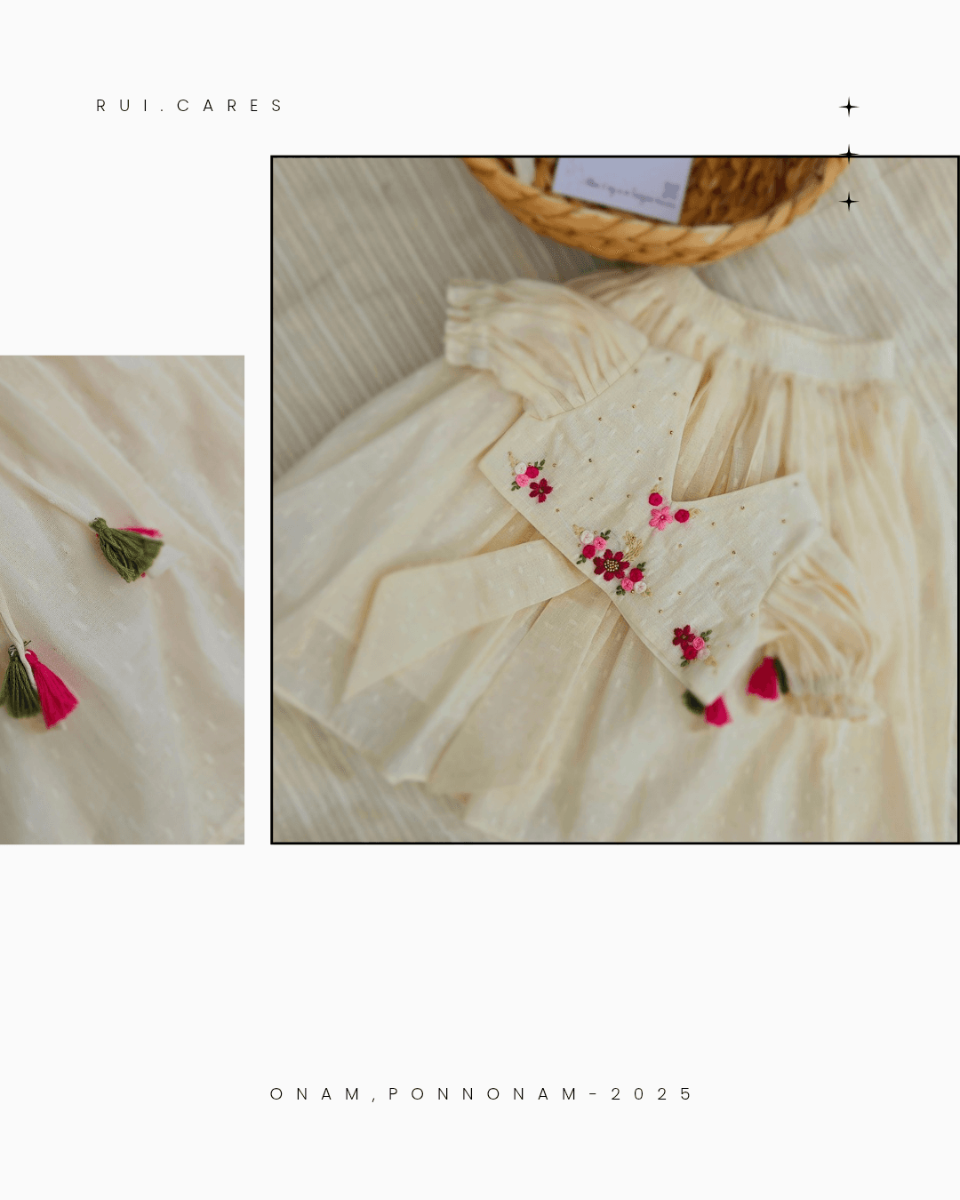 Pookalam: Hand Embroidered Offwhite Full Length Skirt Top Set In Moss Cotton Fabric With Bowclip