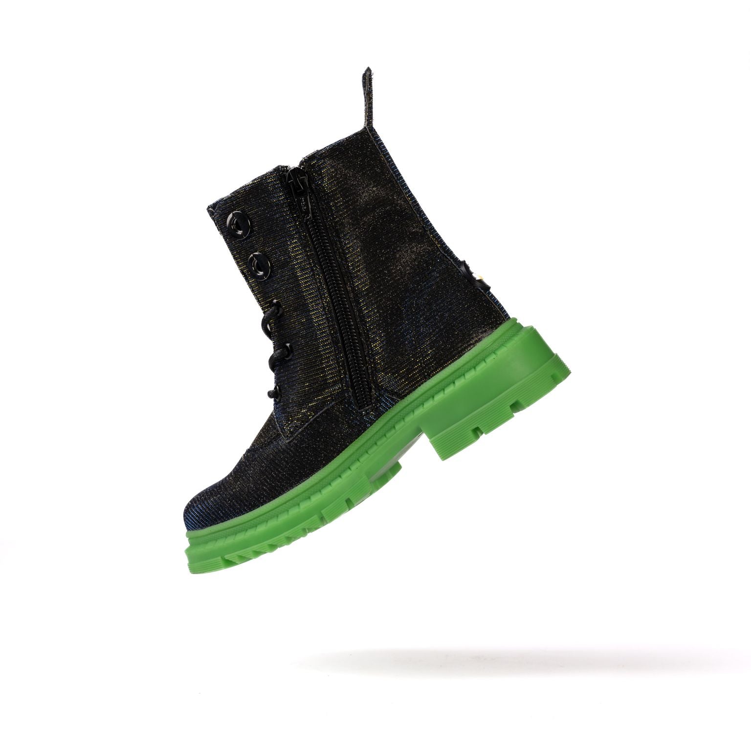 Rock Star Laser Glitter Boots | Black-Silver Hi-Top Boots with Green Sole | Eco-Friendly & Anti-Skid Party Boots for Kids
