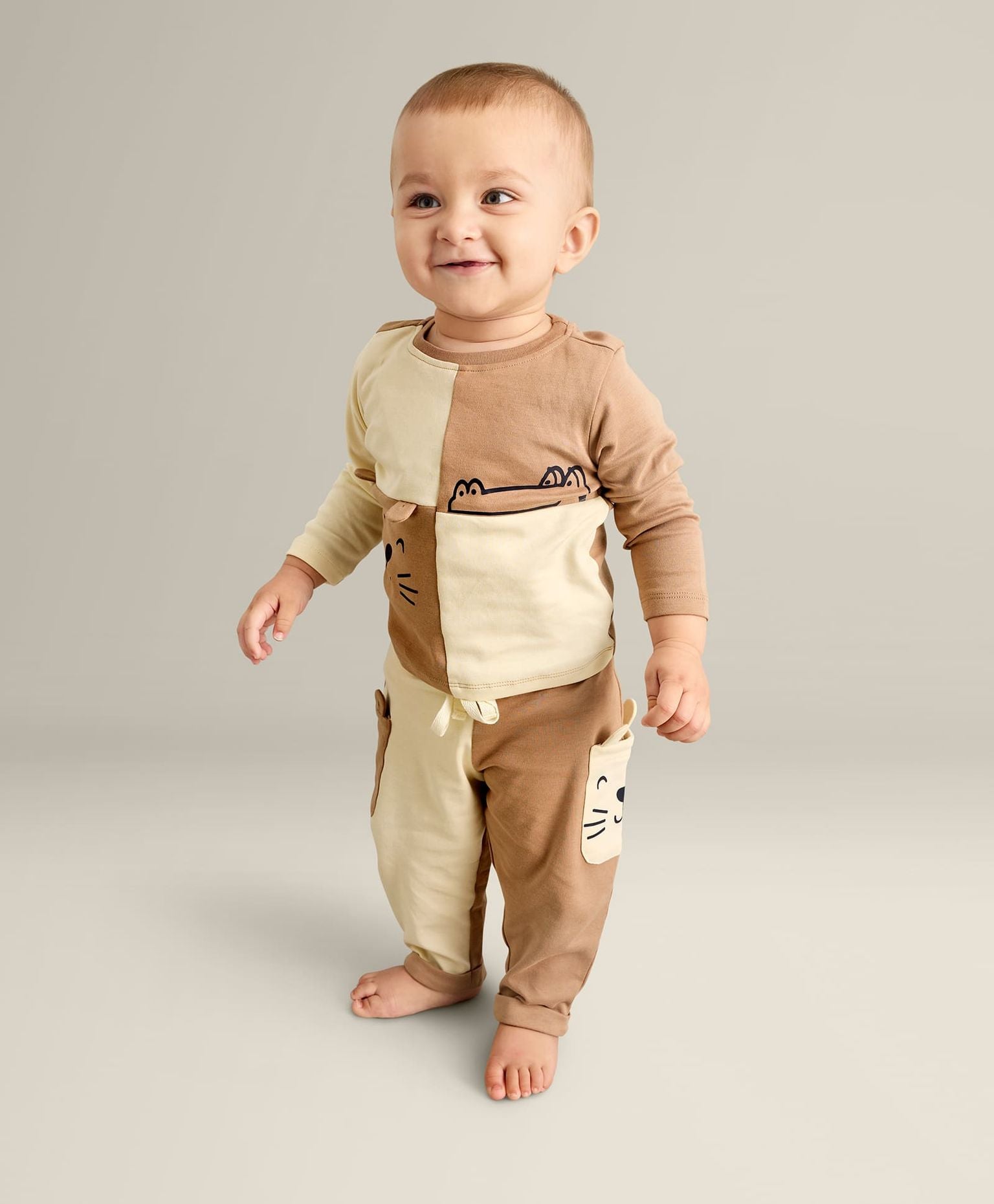 100% Cotton Full Sleeves Color Block Drop Top & Bottom Set - Ecru/Fawn