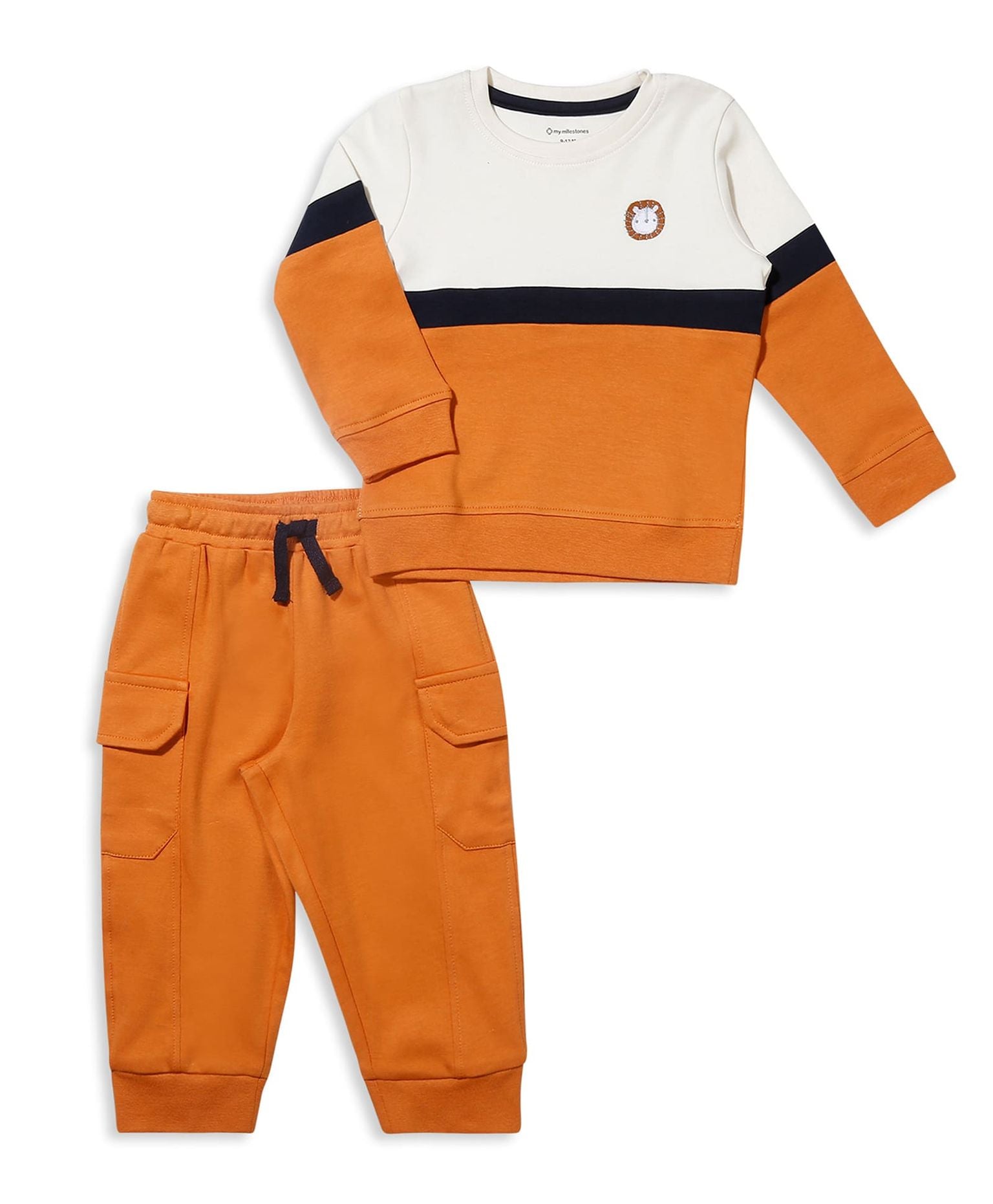 100% Cotton Color Block Lion Embroidery Set N Suit - Off White/Orange