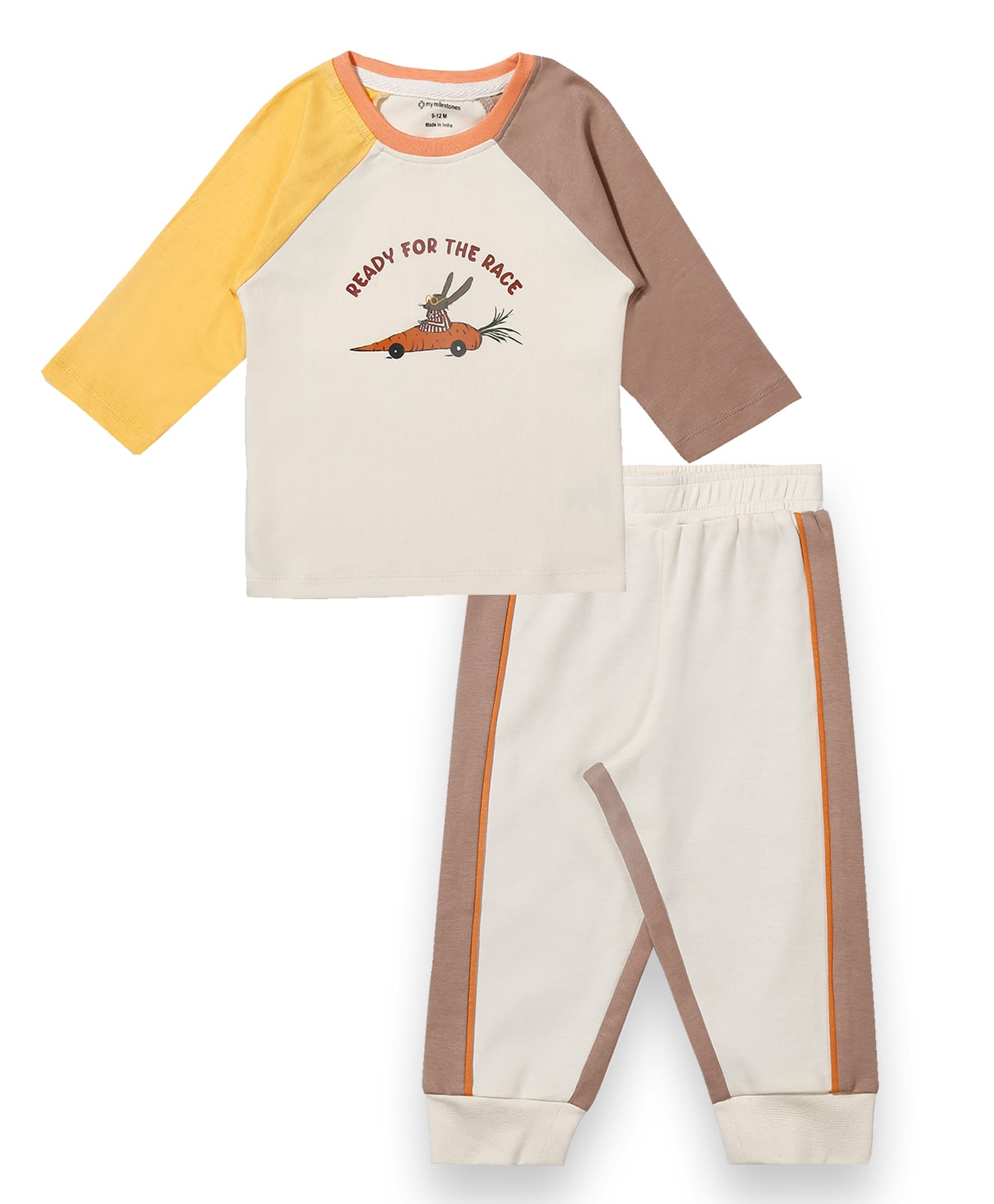 100% Cotton Full Sleeves Printed Color Block Tee & Joggers Set N Suit - Ecru/Fawn/Yellow