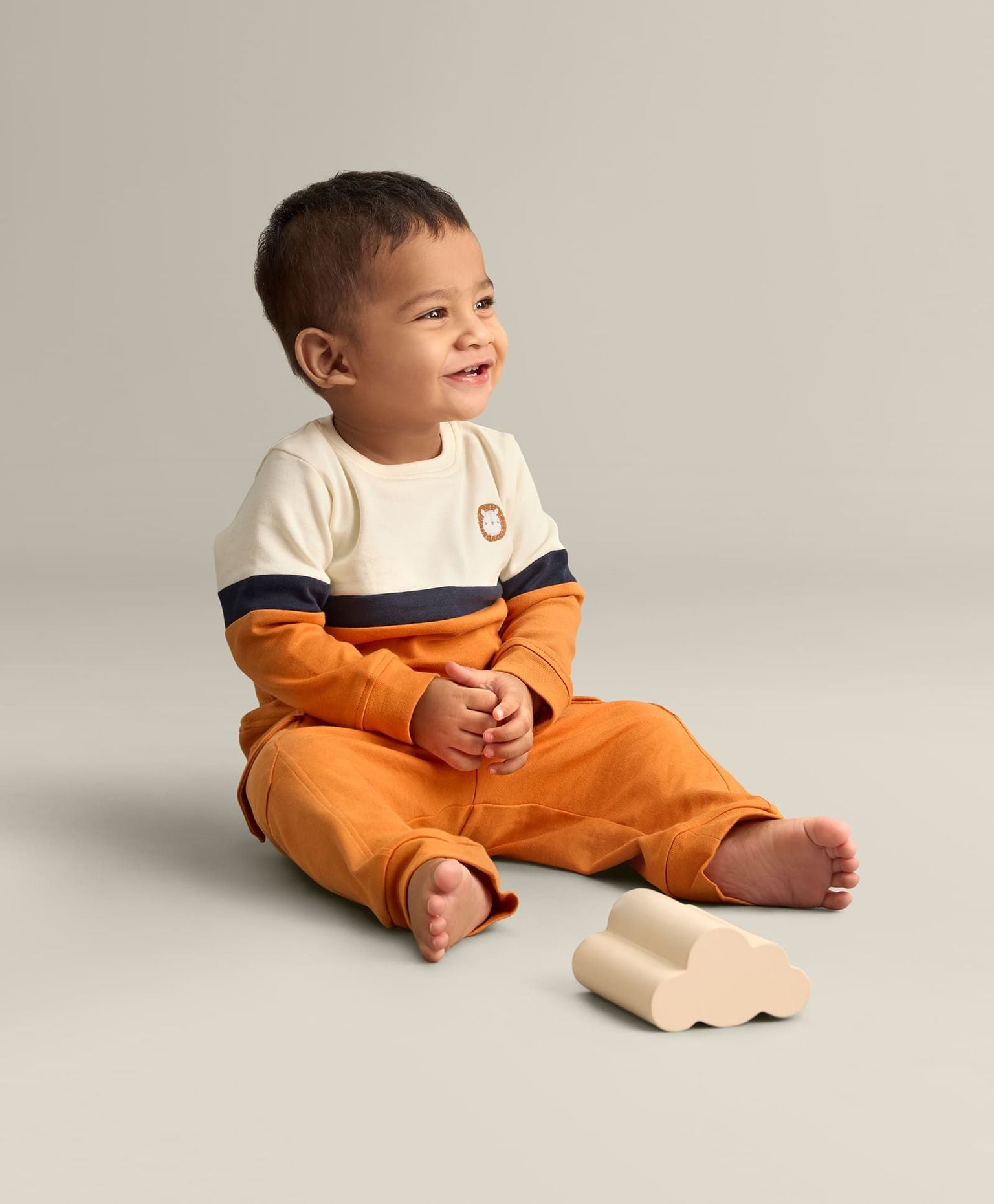 100% Cotton Color Block Lion Embroidery Set N Suit - Off White/Orange