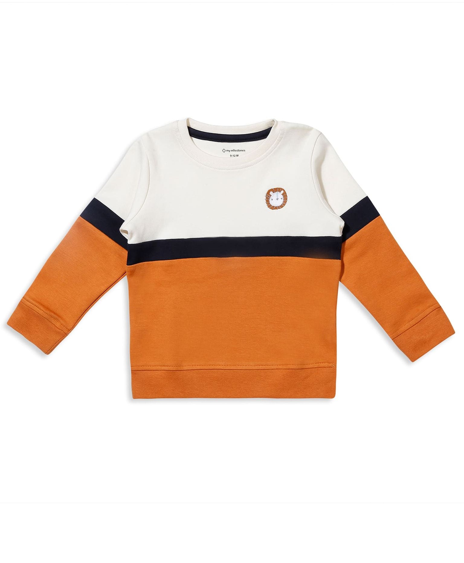 100% Cotton Color Block Lion Embroidery Set N Suit - Off White/Orange