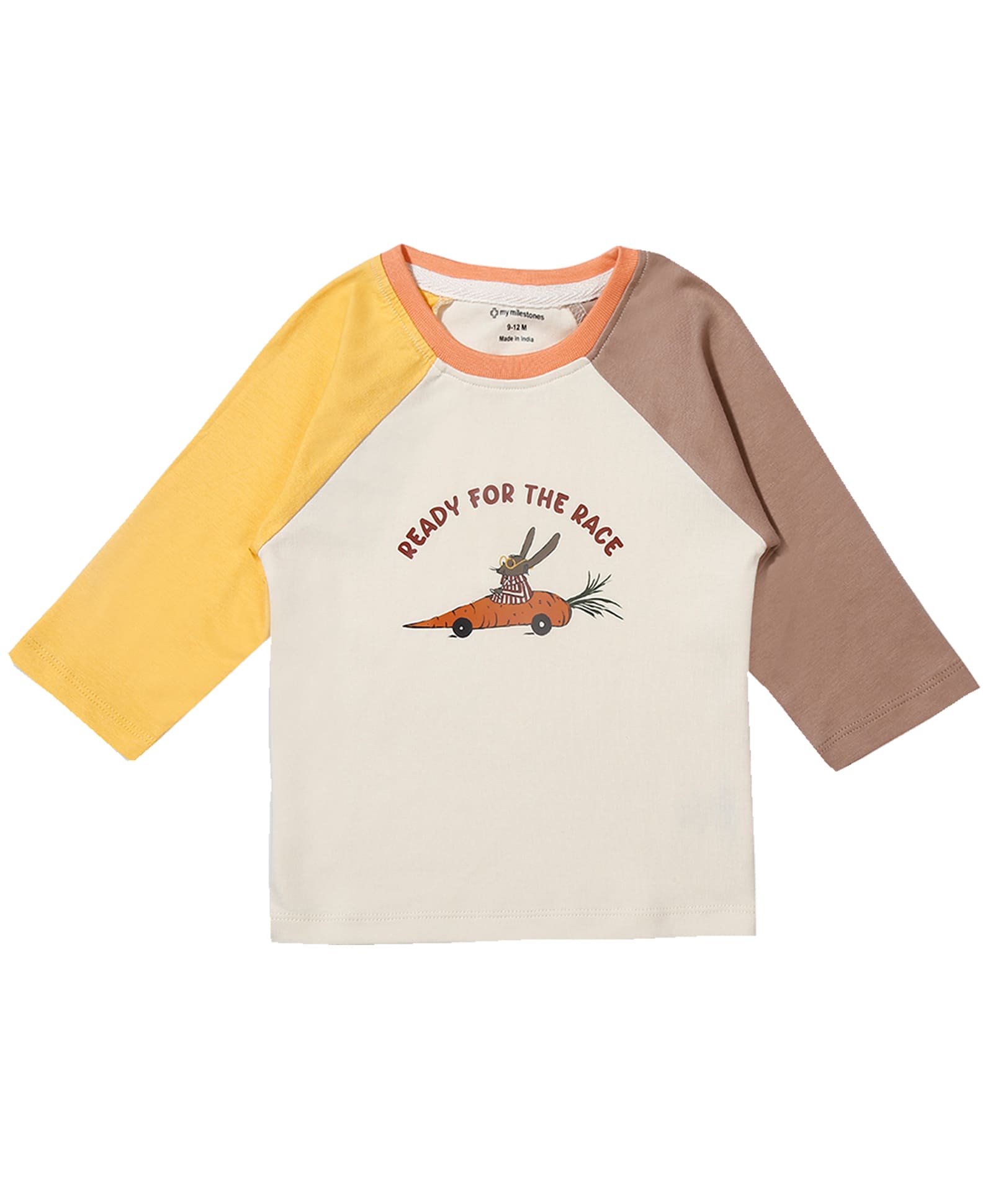 100% Cotton Full Sleeves Printed Color Block Tee & Joggers Set N Suit - Ecru/Fawn/Yellow