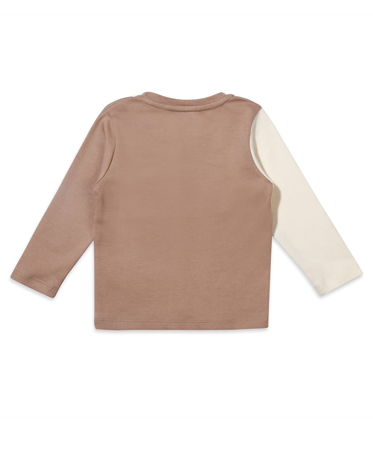 100% Cotton Full Sleeves Color Block Drop Top & Bottom Set - Ecru/Fawn