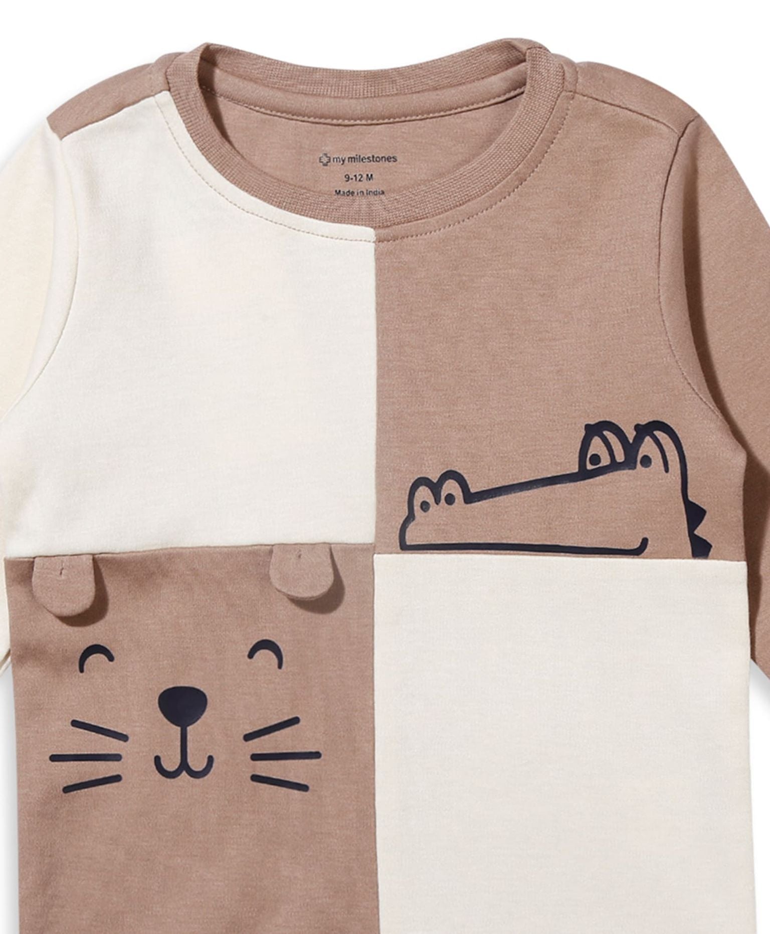 100% Cotton Full Sleeves Color Block Drop Top & Bottom Set - Ecru/Fawn